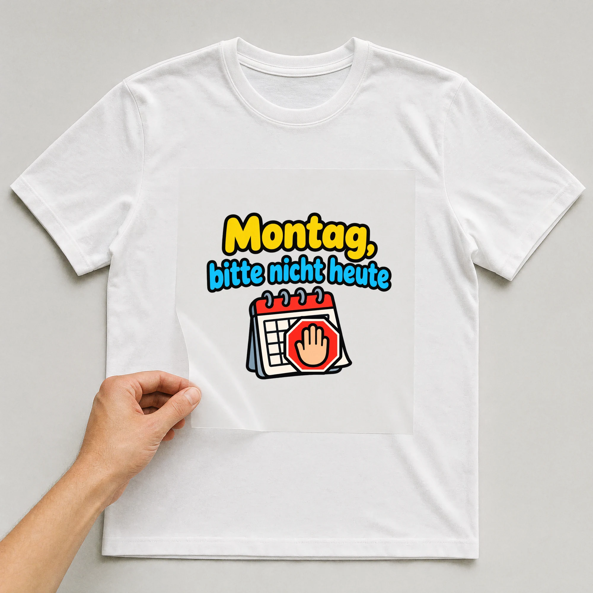 Bügelbild „Montag, bitte nicht heute“ auf weißem T-Shirt, Folie wird aufgelegt