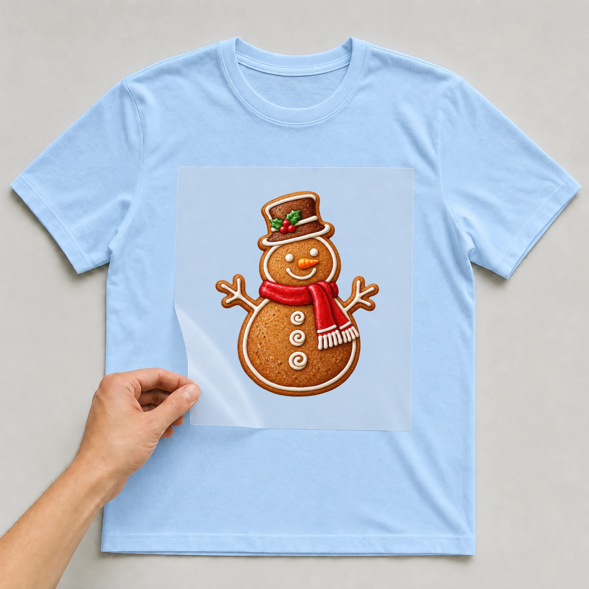Bügelbild „Lebkuchen-Schneemann mit Schal“ auf babyblauem T-Shirt, Folie wird aufgelegt