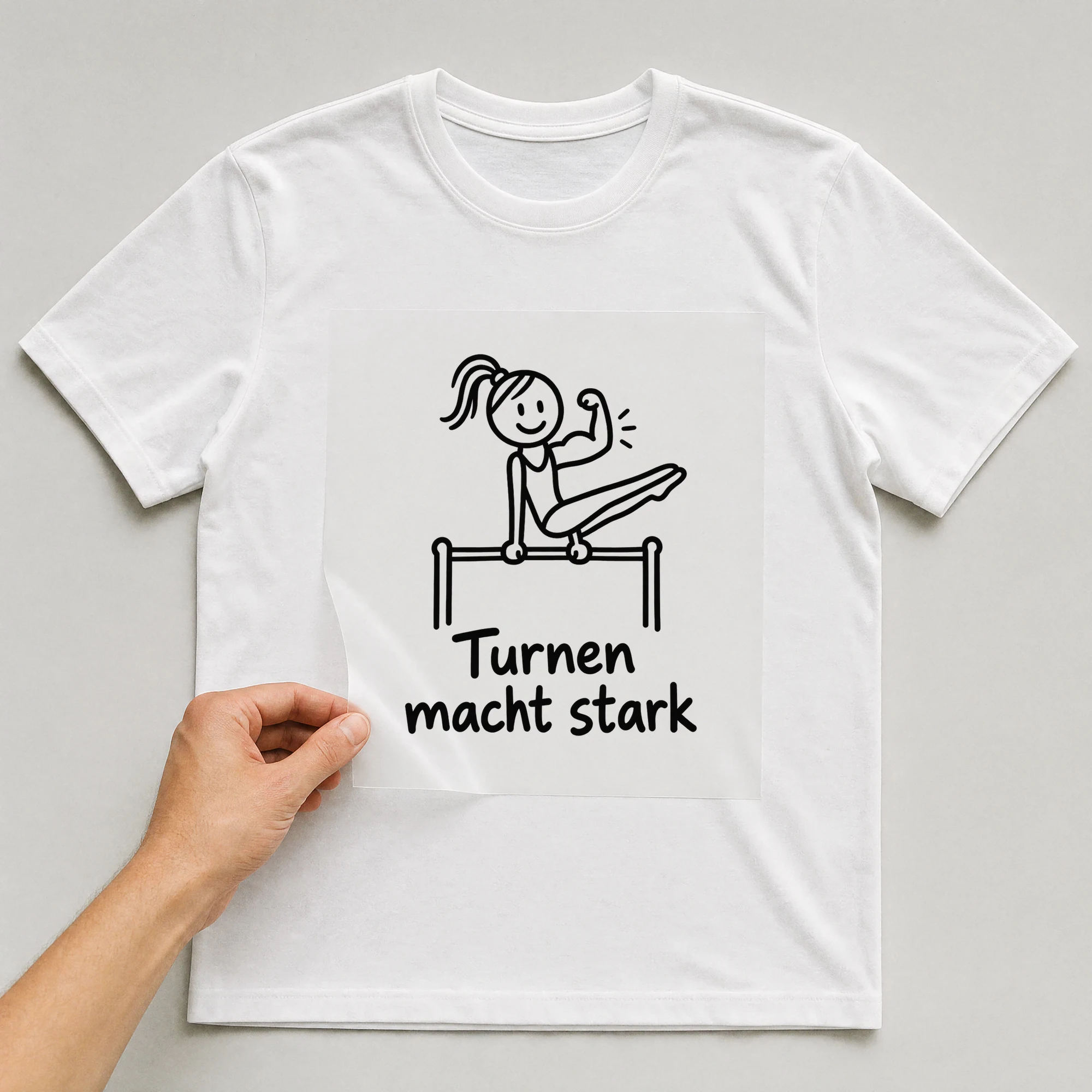 Bügelbild „Turnen macht stark“ auf weißem T-Shirt, Folie wird aufgelegt