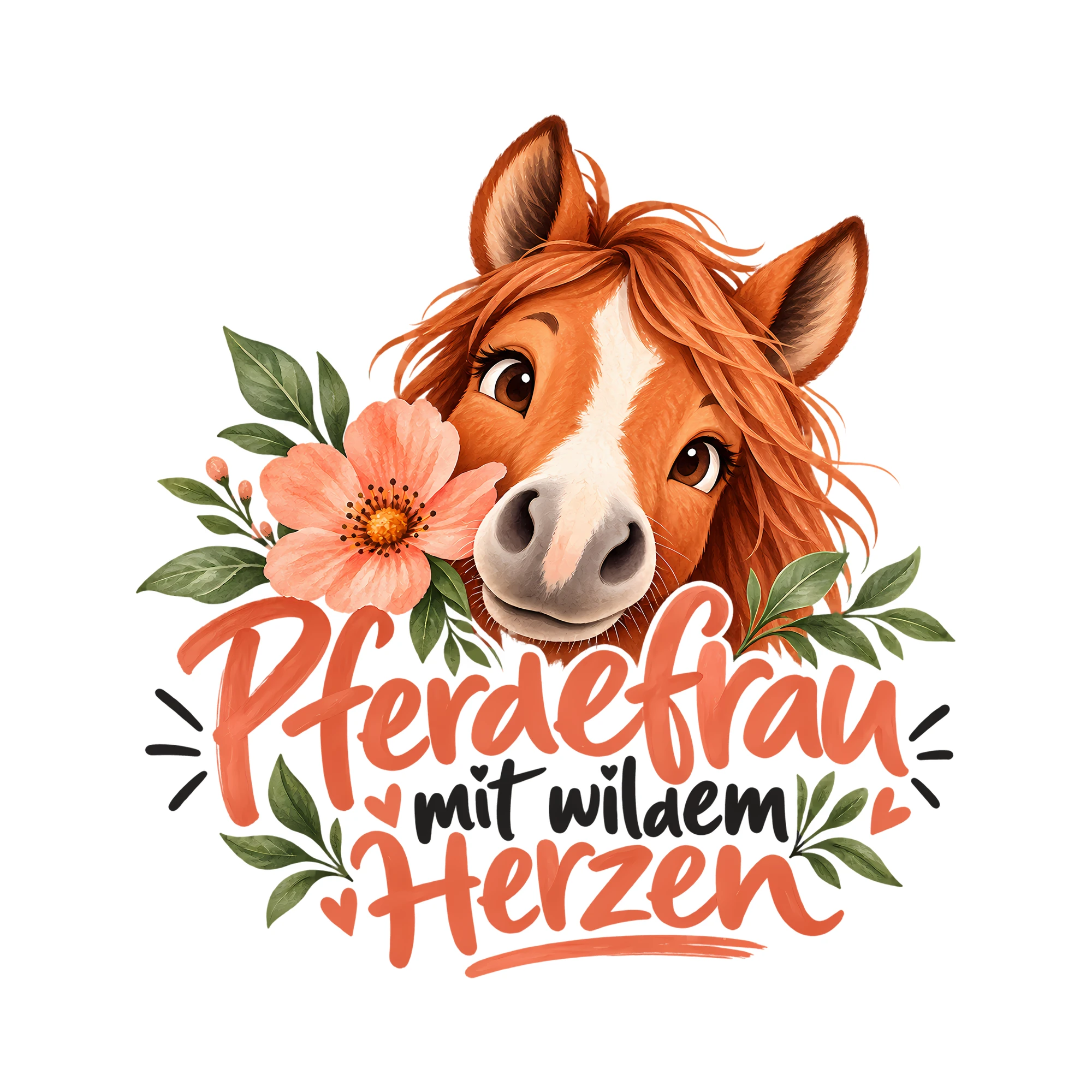 Bügelbild Pferdefrau mit wildem Herzen als Grafik auf weißem Hintergrund (BB013582)