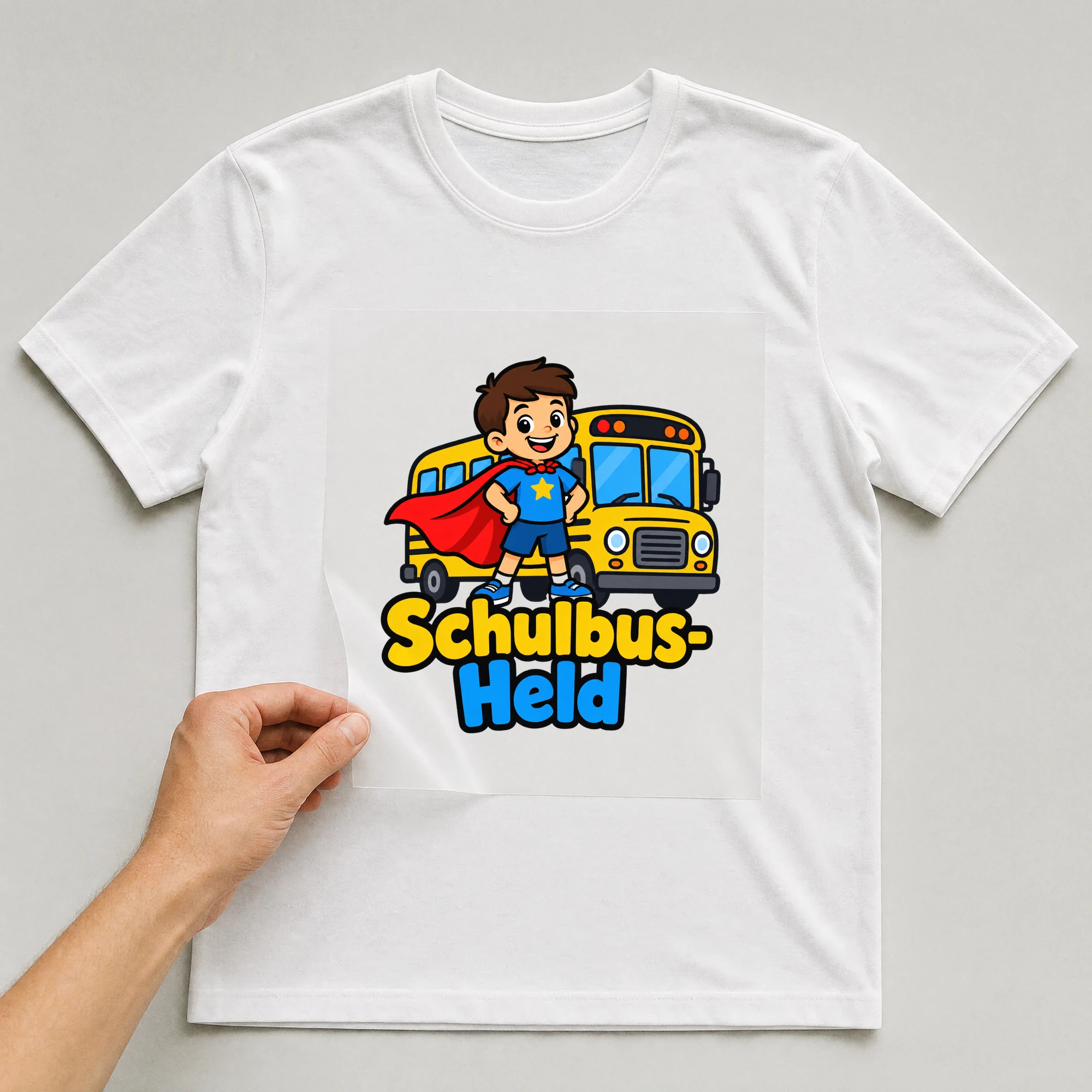 Bügelbild „Schulbus-Held“ auf weißem T-Shirt, Folie wird aufgelegt