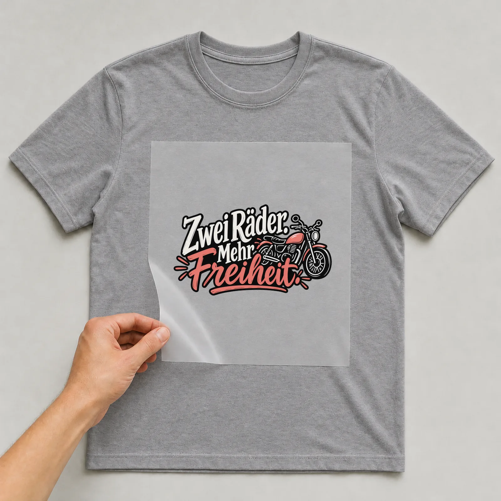 Bügelbild „Zwei Räder. Mehr Freiheit.“ auf grauem T-Shirt, Folie wird aufgelegt