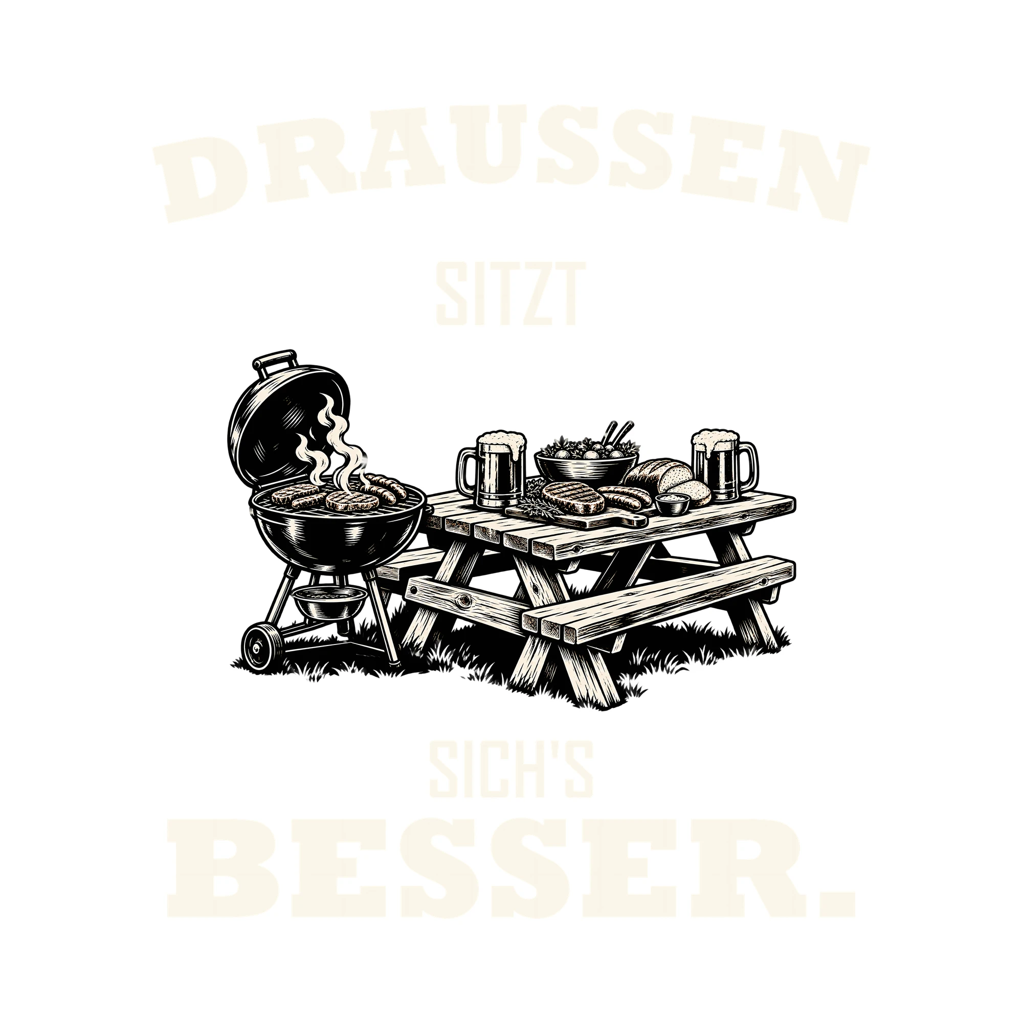 Bügelbild DRAUSSEN SITZT SICH'S BESSER. als Grafik auf weißem Hintergrund (BB012045)