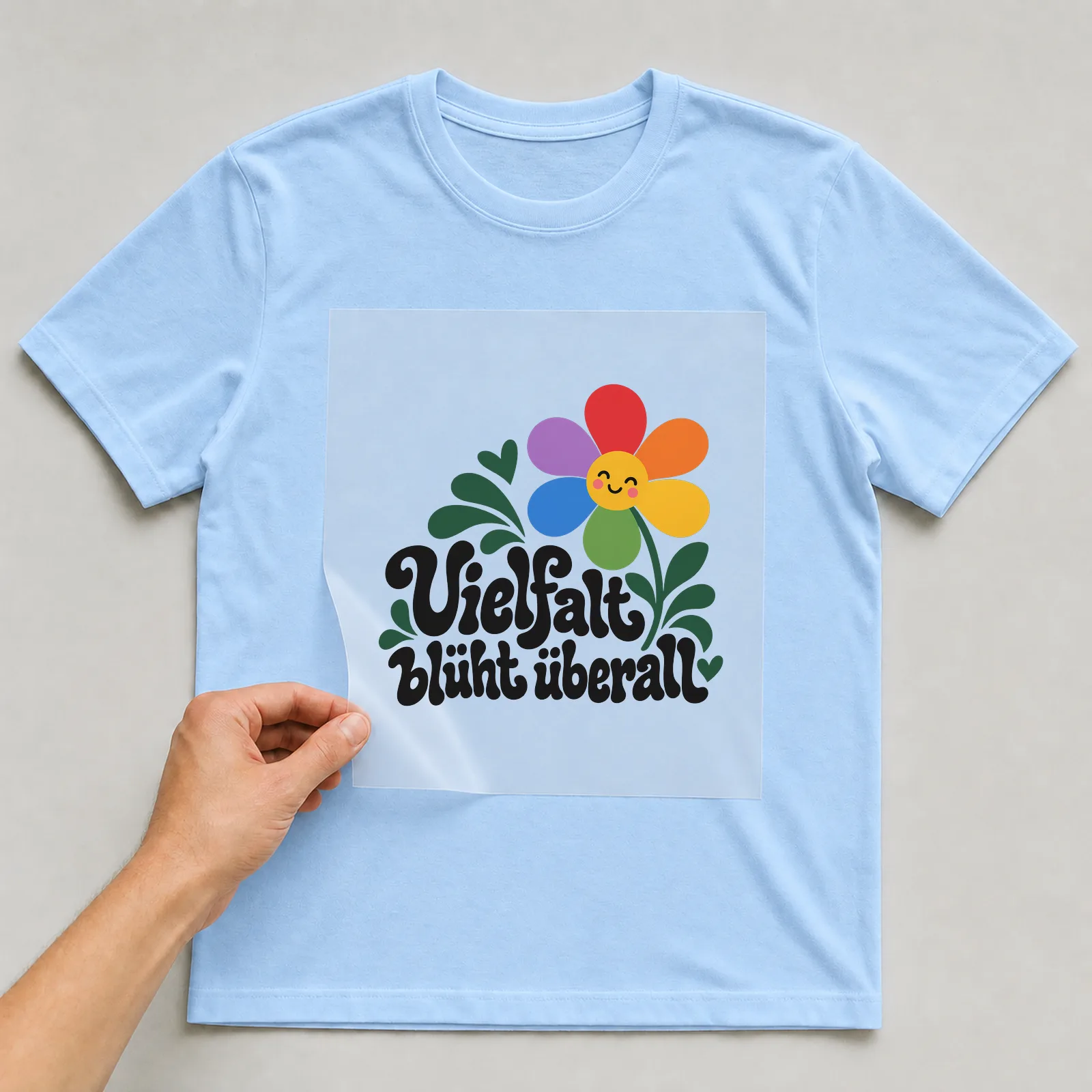 Bügelbild „Vielfalt blüht überall“ auf hellblauem T-Shirt, Folie wird aufgelegt