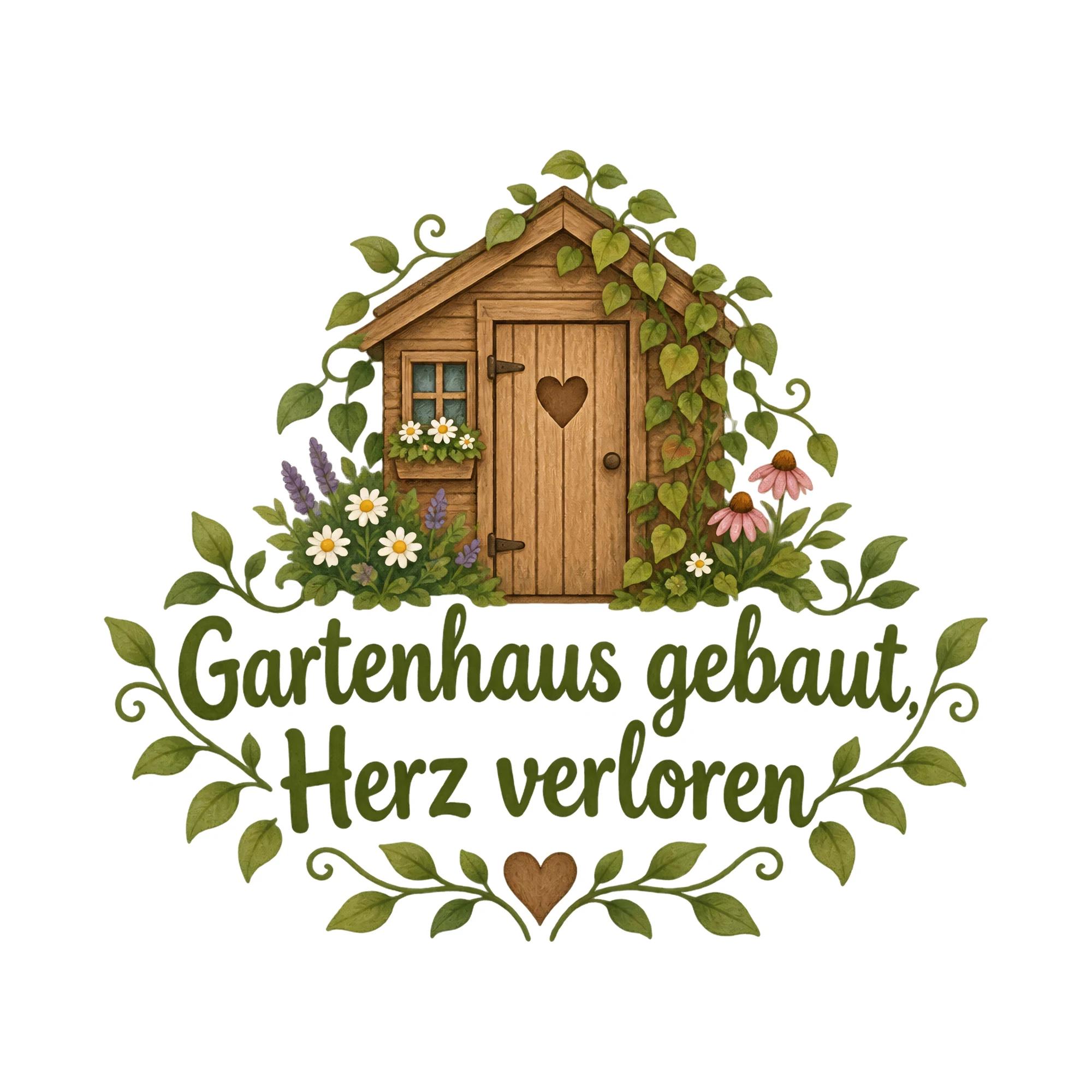 Bügelbild Gartenhaus gebaut, Herz verloren als Grafik auf weißem Hintergrund (BB018516)