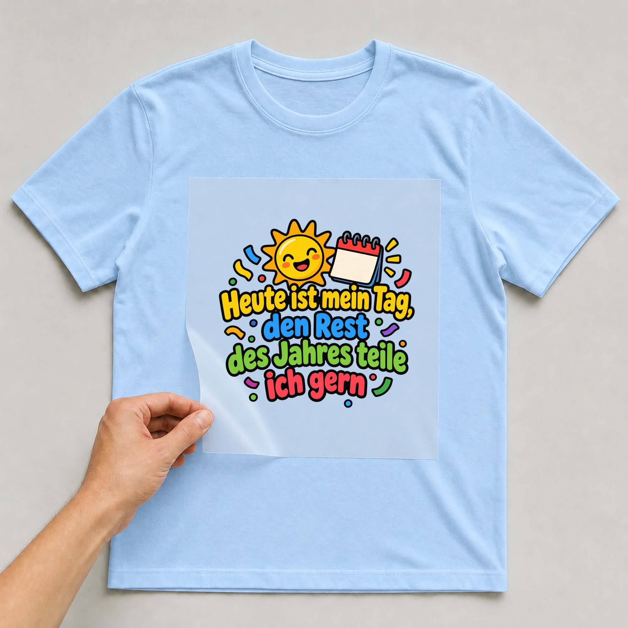 Bügelbild „Heute ist mein tag den rest“ auf babyblauem T-Shirt, Folie wird aufgelegt