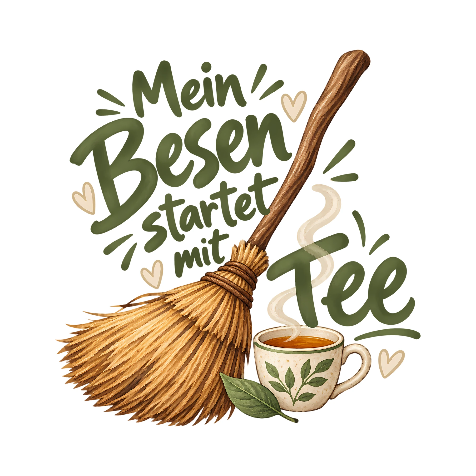 Bügelbild Mein Besen startet mit Tee als Grafik auf weißem Hintergrund (BB012199)
