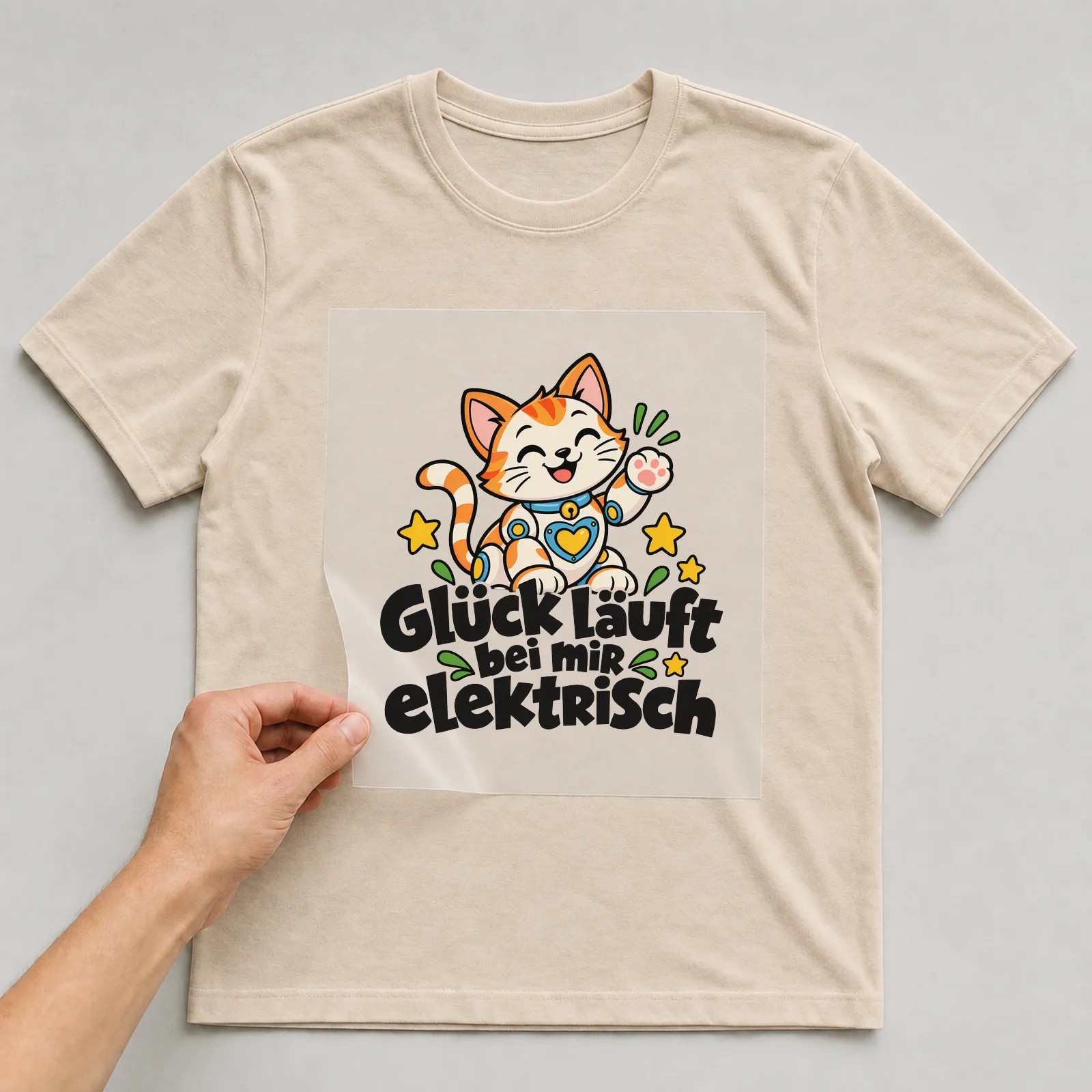 Bügelbild „Glück läuft bei mir elektrisch“ auf beigem T-Shirt, Folie wird aufgelegt