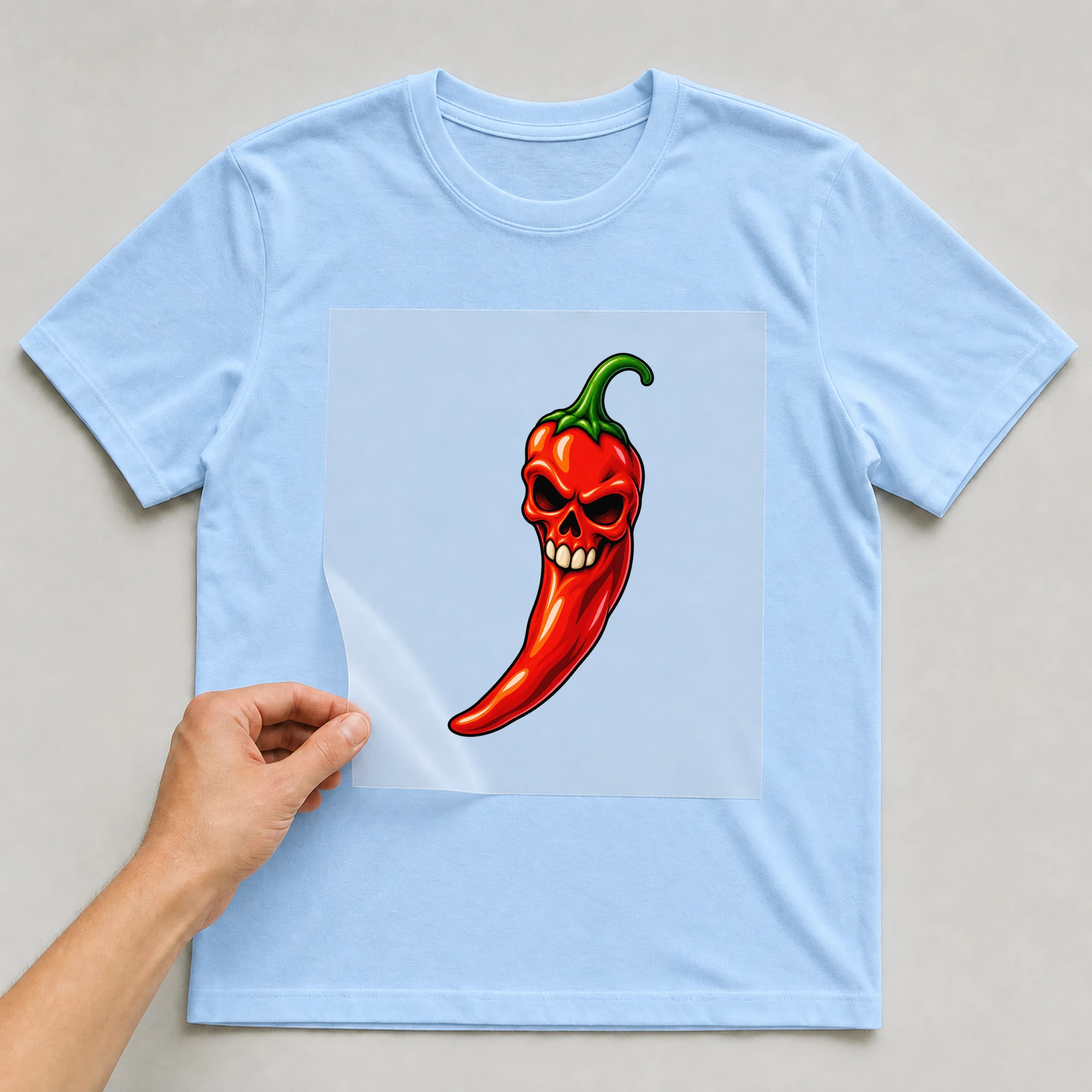 Bügelbild „Super Scharfe Chili Scull“ auf babyblauem T-Shirt, Folie wird aufgelegt