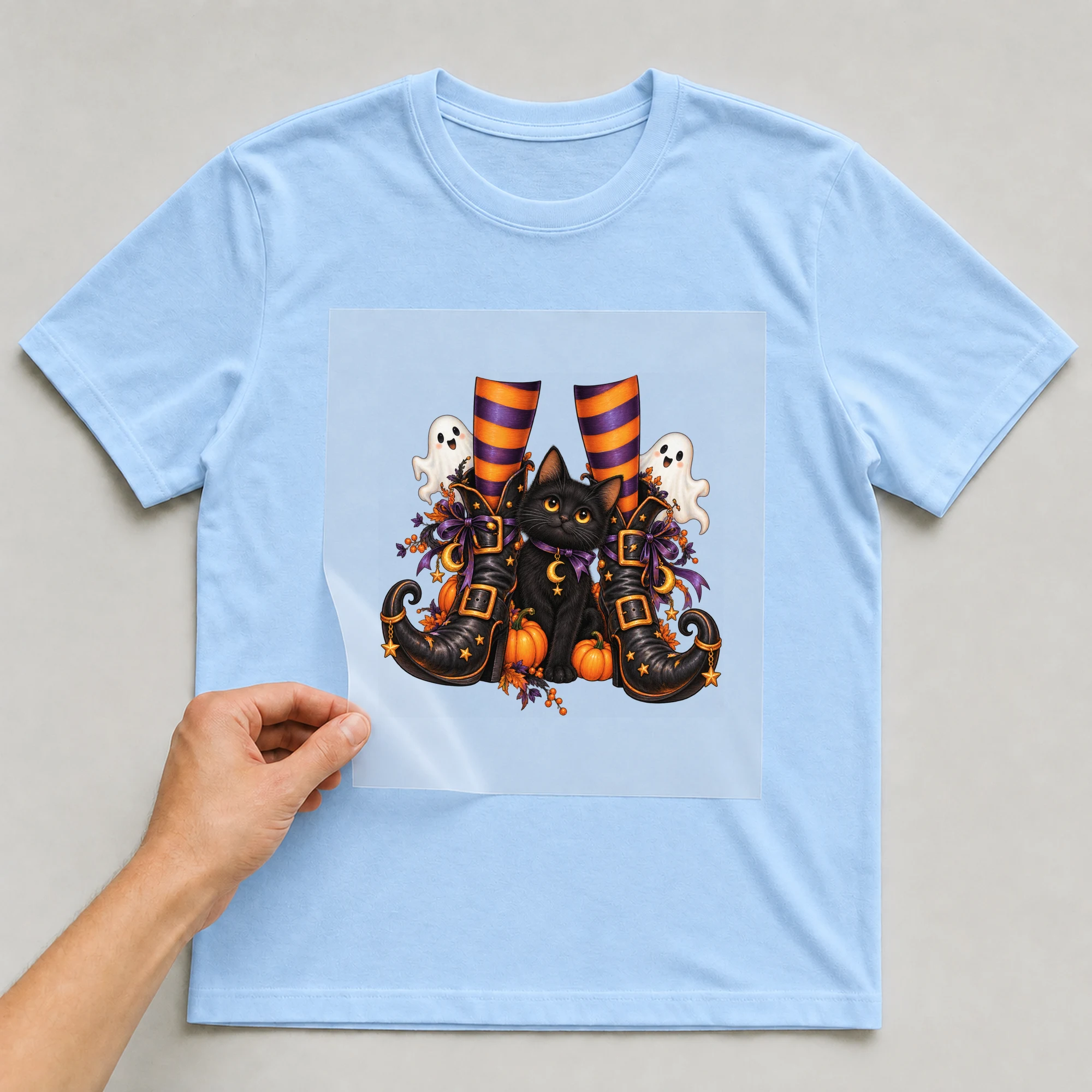 Bügelbild „Hexenstiefel mit schwarzer Katze“ auf babyblauem T-Shirt, Folie wird aufgelegt