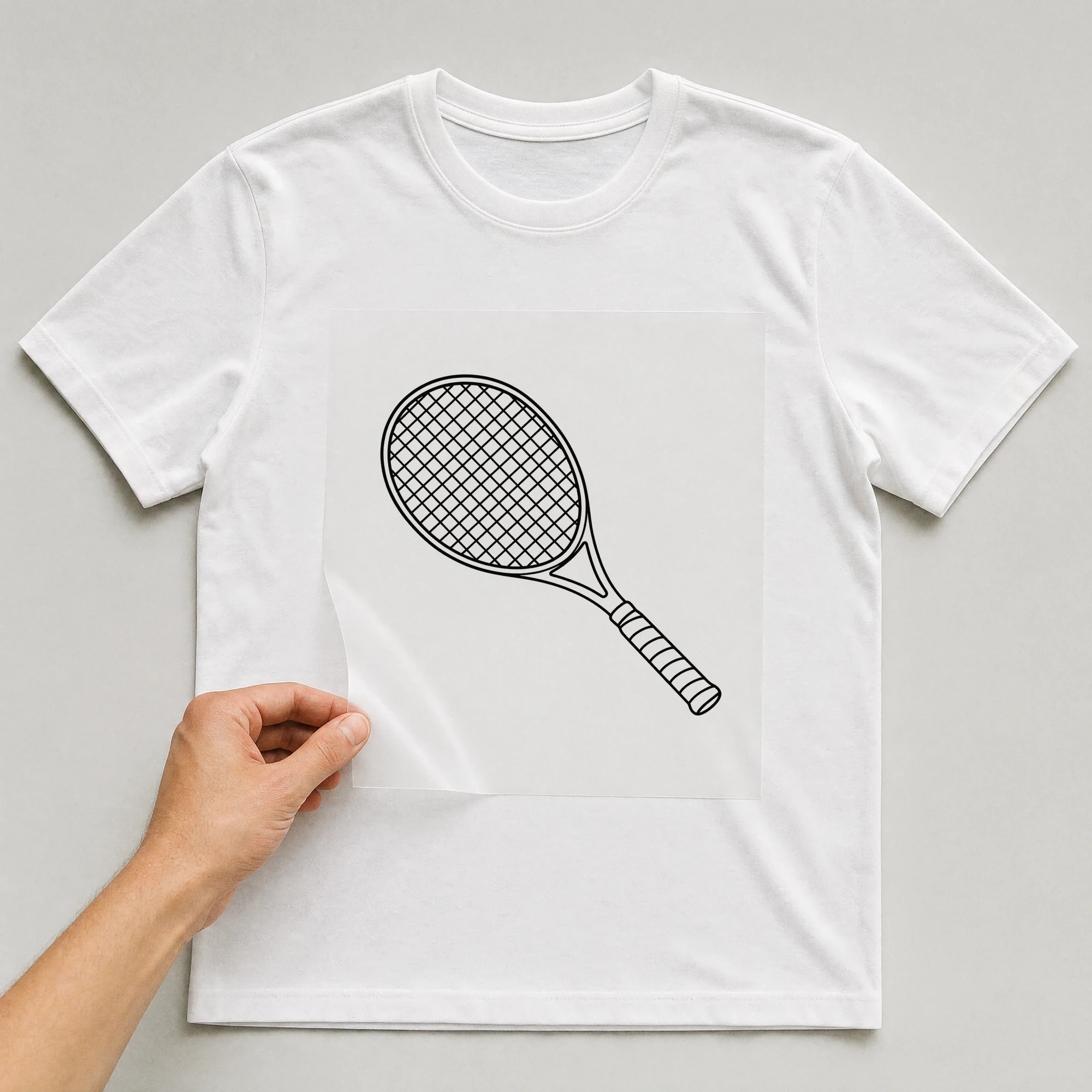 Bügelbild „Tennisschläger“ auf weißem T-Shirt, Folie wird aufgelegt