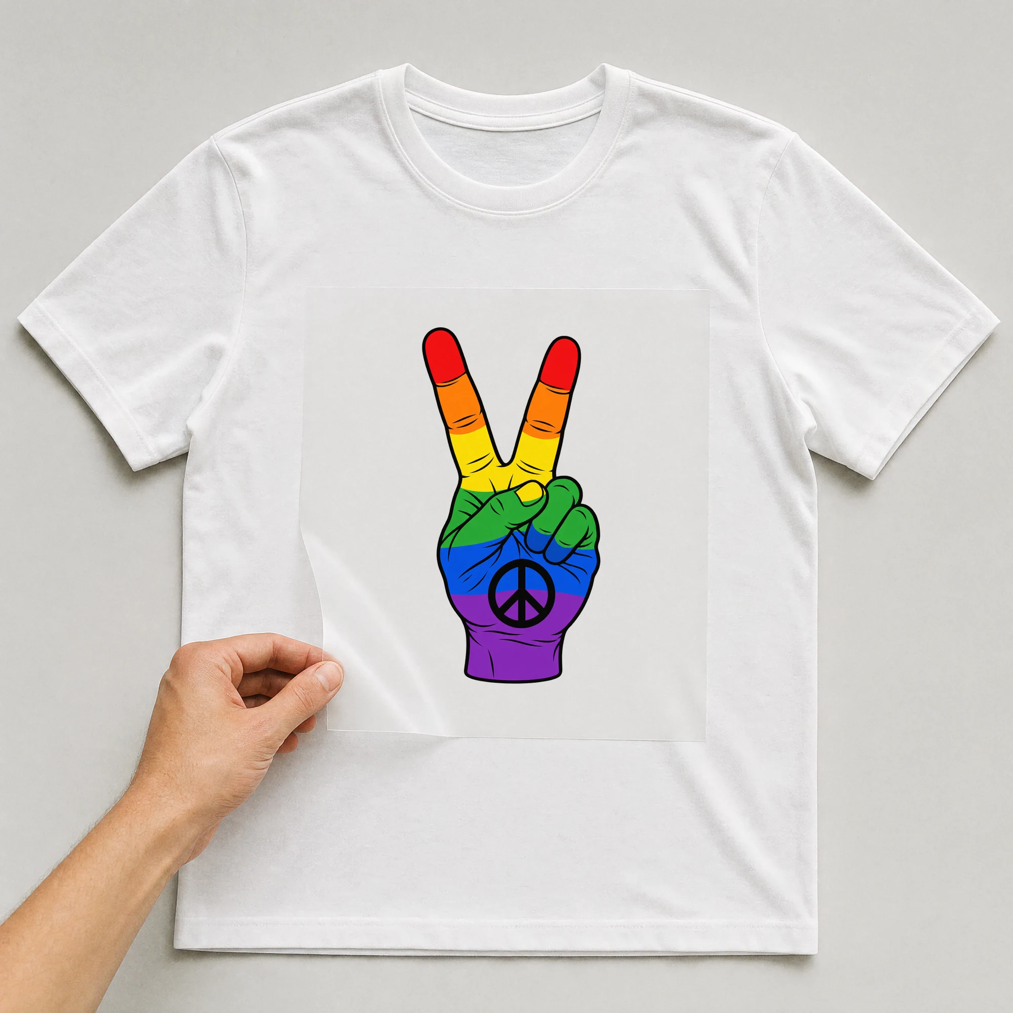 Bügelbild „LGBT Peace“ auf weißem T-Shirt, Folie wird aufgelegt