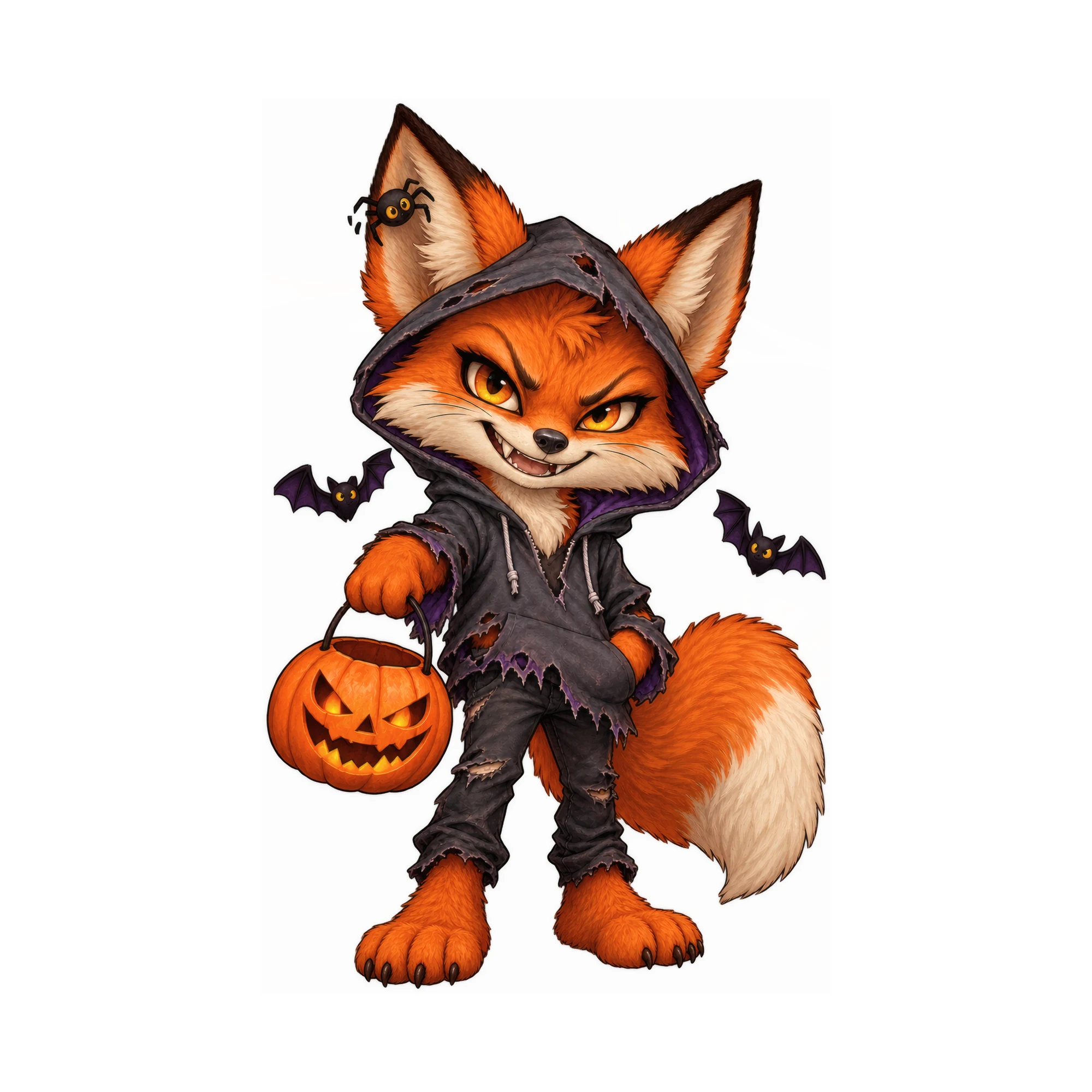 Bügelbild Halloween-Fuchs mit Hoodie und Kürbiseimer als Grafik auf weißem Hintergrund (BB014779)
