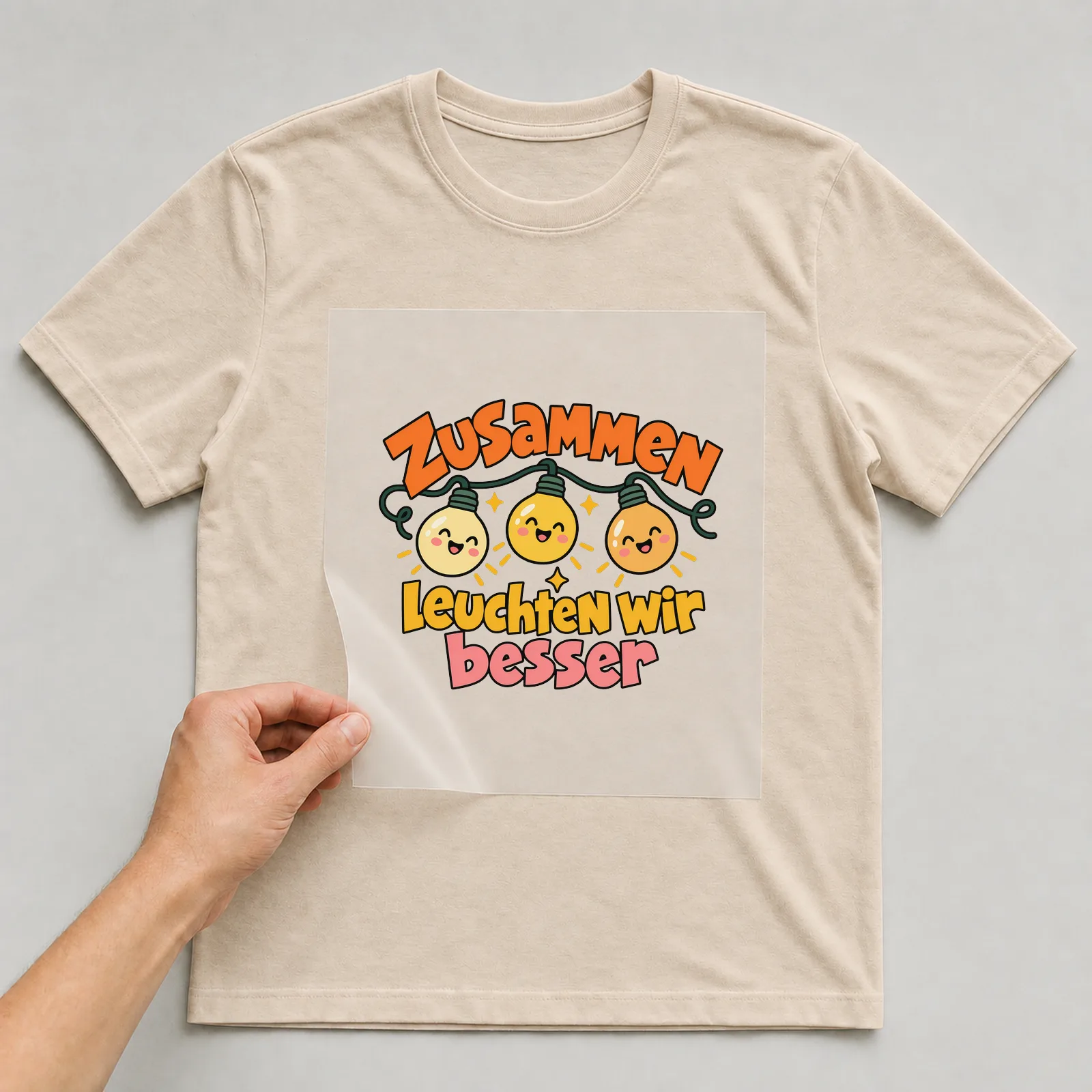 Bügelbild „Zusammen leuchten wir besser“ auf beigem T-Shirt, Folie wird aufgelegt