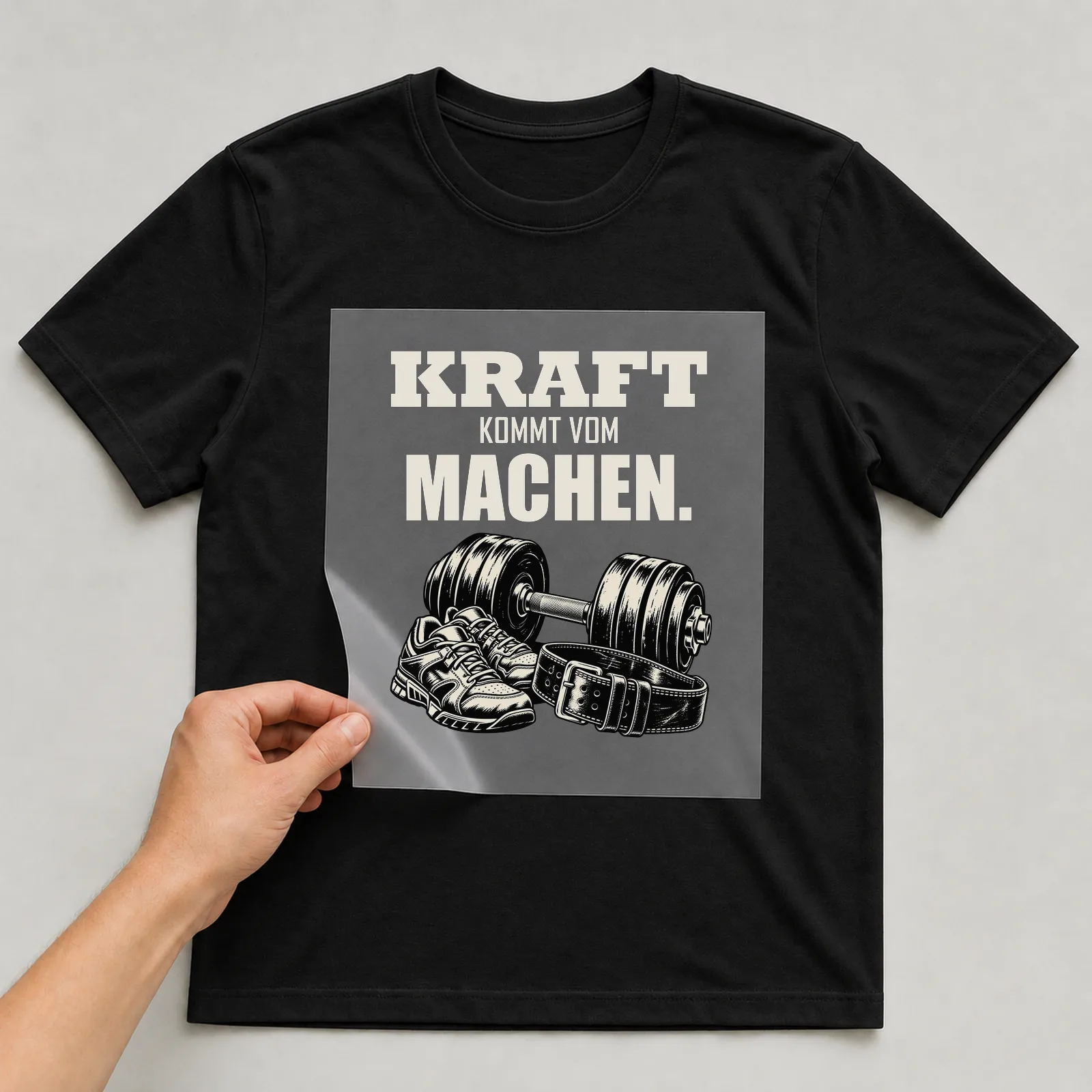 Bügelbild „Kraft kommt vom Machen“ auf schwarzem T-Shirt, Folie wird aufgelegt