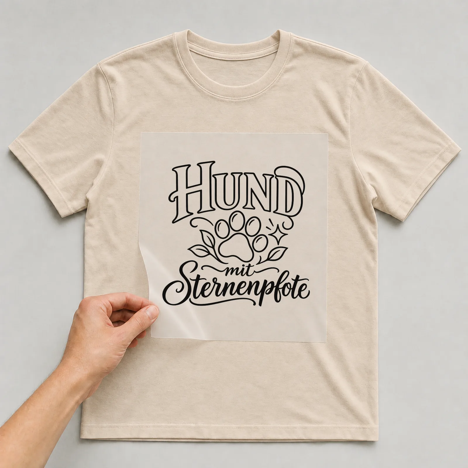 Bügelbild „Hund mit Sternenpfote“ auf beigem T-Shirt, Folie wird aufgelegt