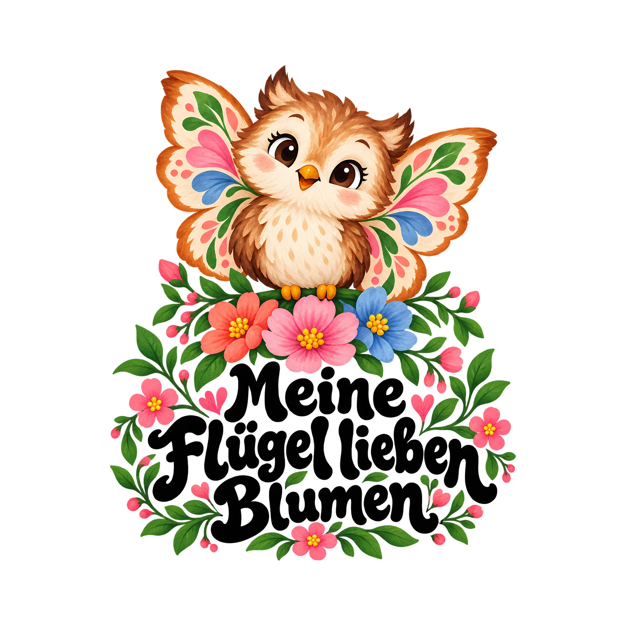 Bügelbild Meine Flügel lieben Blumen als Grafik auf weißem Hintergrund (BB013317)