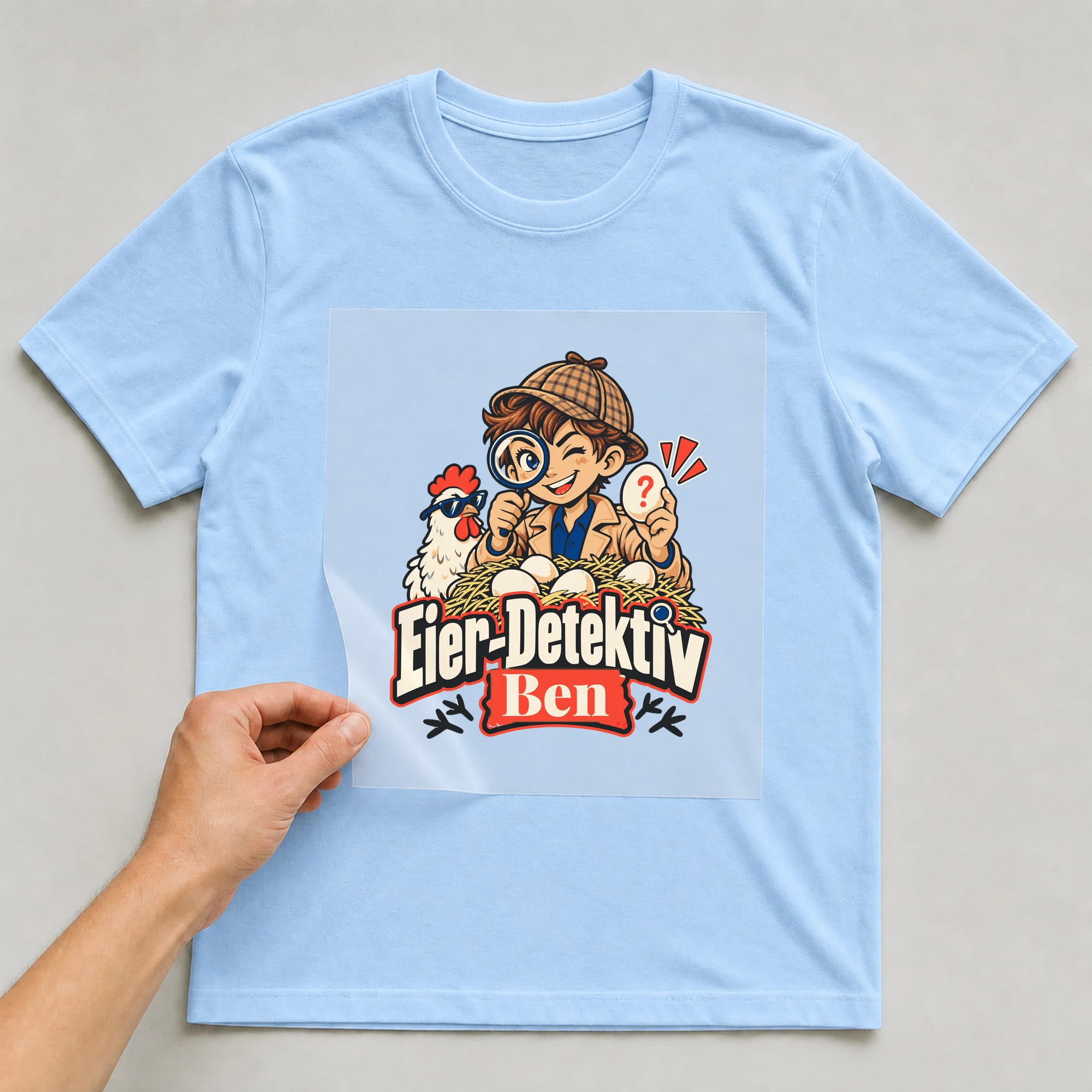 Bügelbild Eier-Detektiv mit Name auf hellblauem T-Shirt, Folie wird aufgelegt