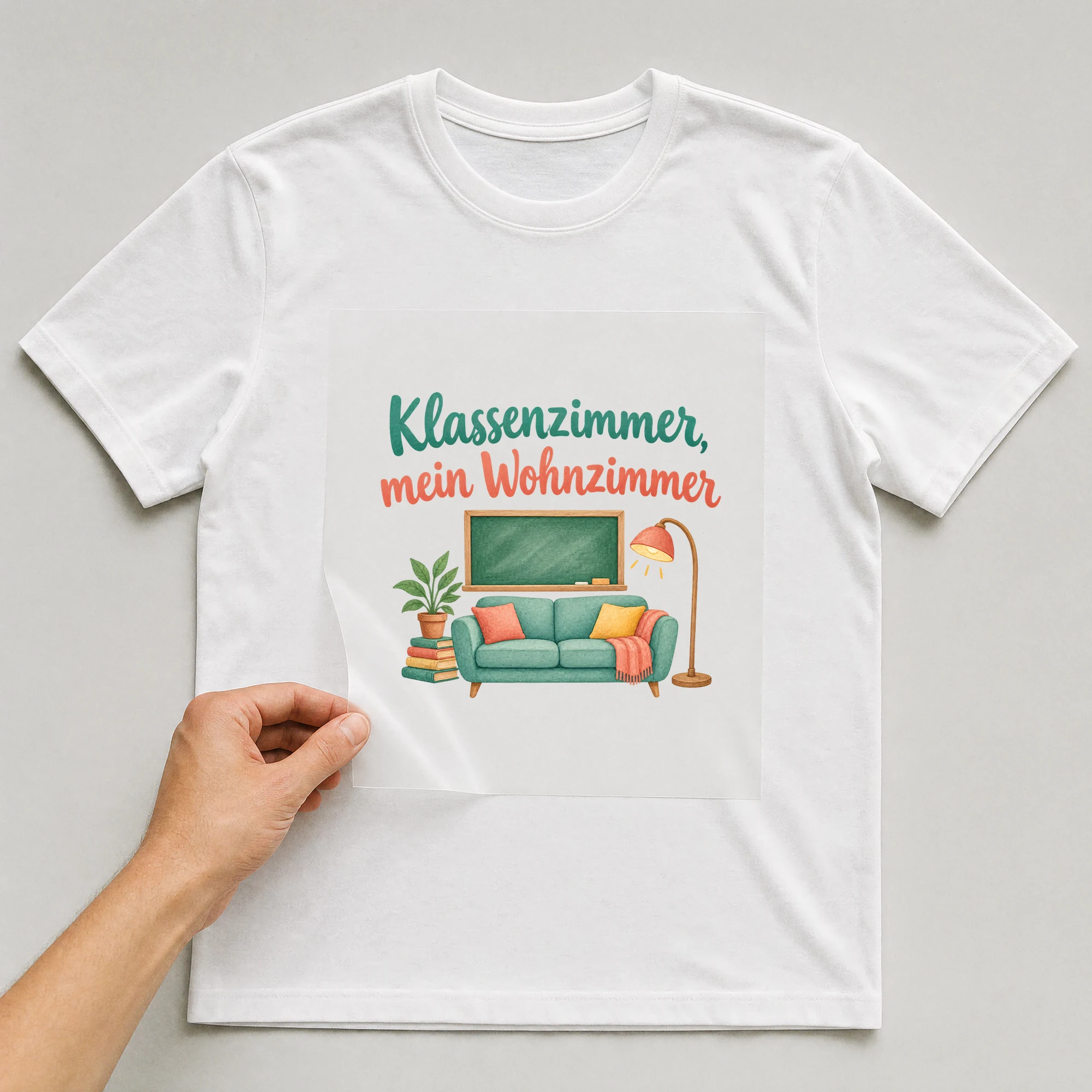 Bügelbild „Klassenzimmer, mein Wohnzimmer“ auf weißem T-Shirt, Folie wird aufgelegt