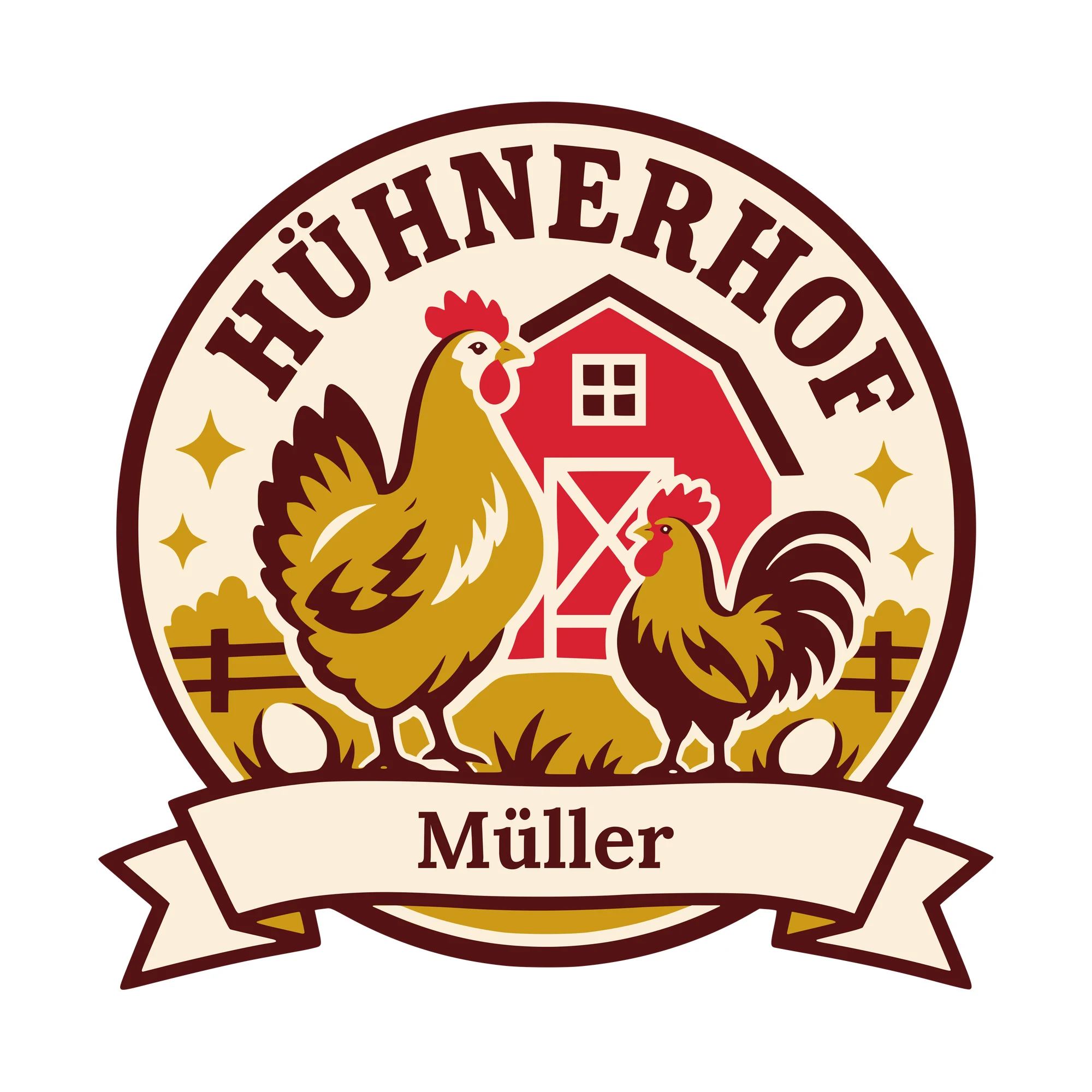 Bügelbild Hühnerhof mit Nachname als Grafik auf weißem Hintergrund (BB010601)
