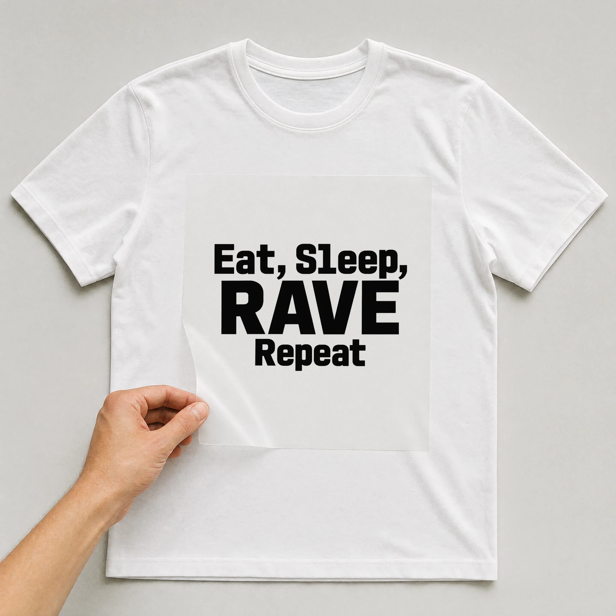 Bügelbild „Eat, Sleep, RAVE Repeat“ auf weißem T-Shirt, Folie wird aufgelegt