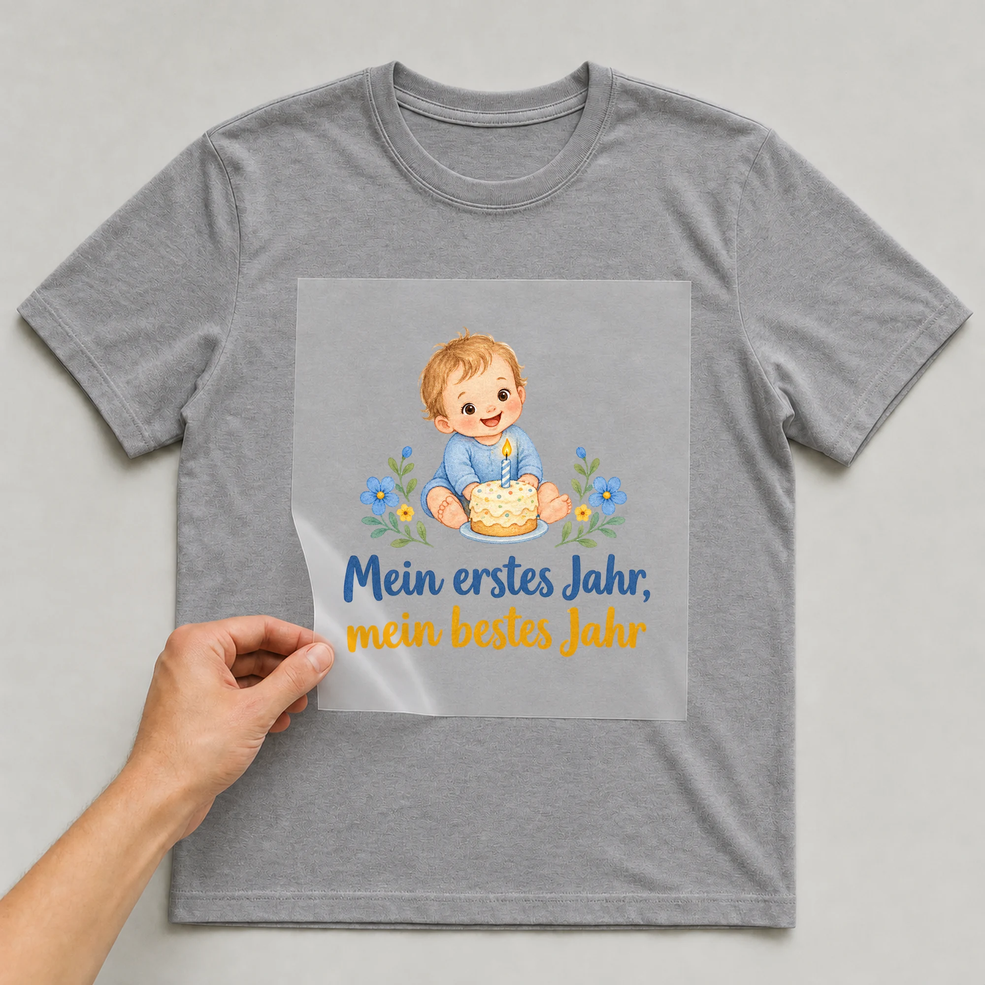 Bügelbild „Mein erstes Jahr, mein bestes Jahr“ auf grauem T-Shirt, Folie wird aufgelegt