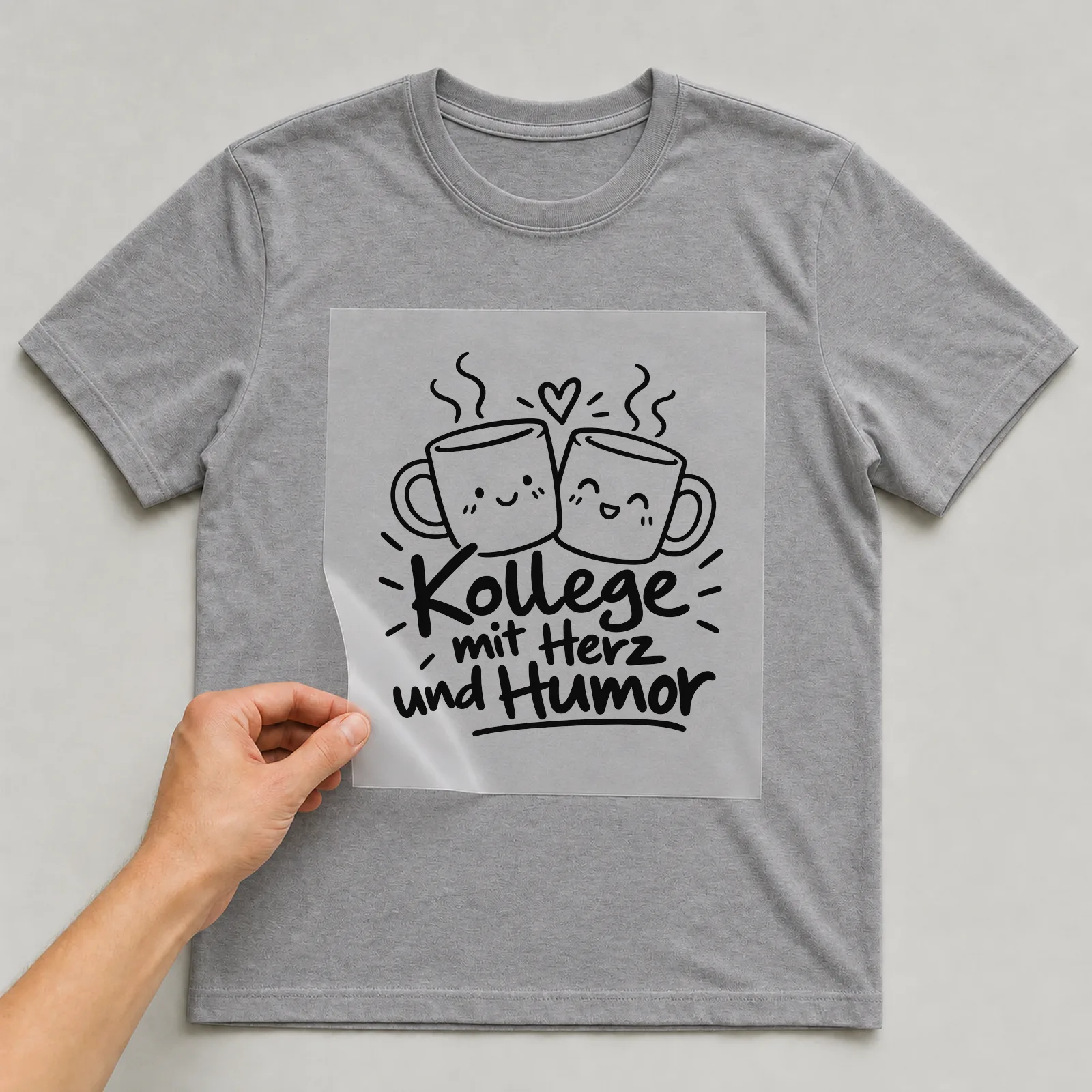 Bügelbild „Kollege mit Herz und Humor“ auf grauem T-Shirt, Folie wird aufgelegt