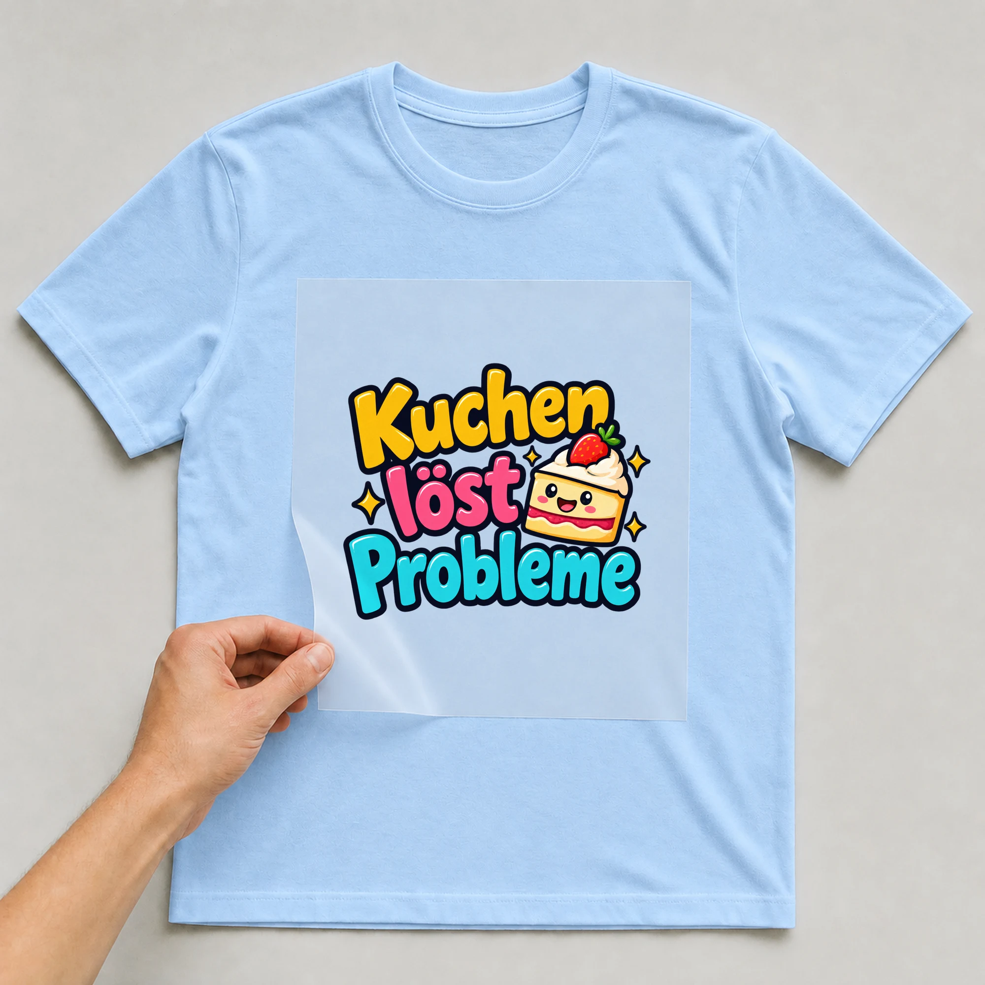 Bügelbild „Kuchen löst Probleme“ auf babyblauem T-Shirt, Folie wird aufgelegt