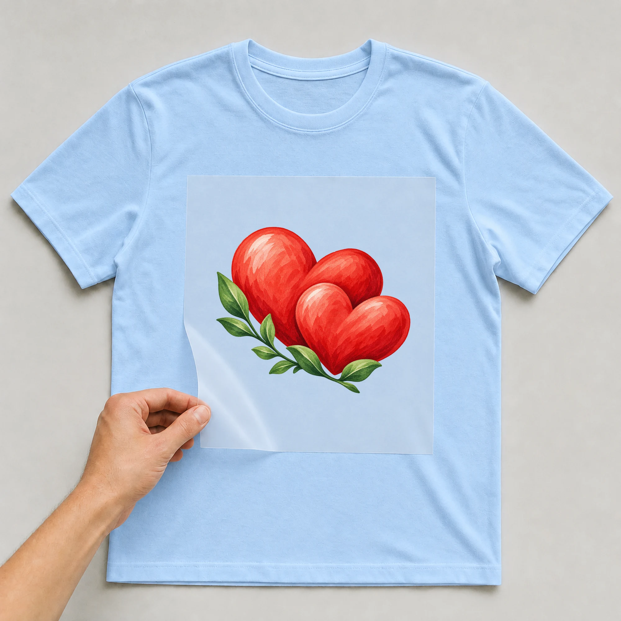 Bügelbild „Herzen Verziert“ auf babyblauem T-Shirt, Folie wird aufgelegt
