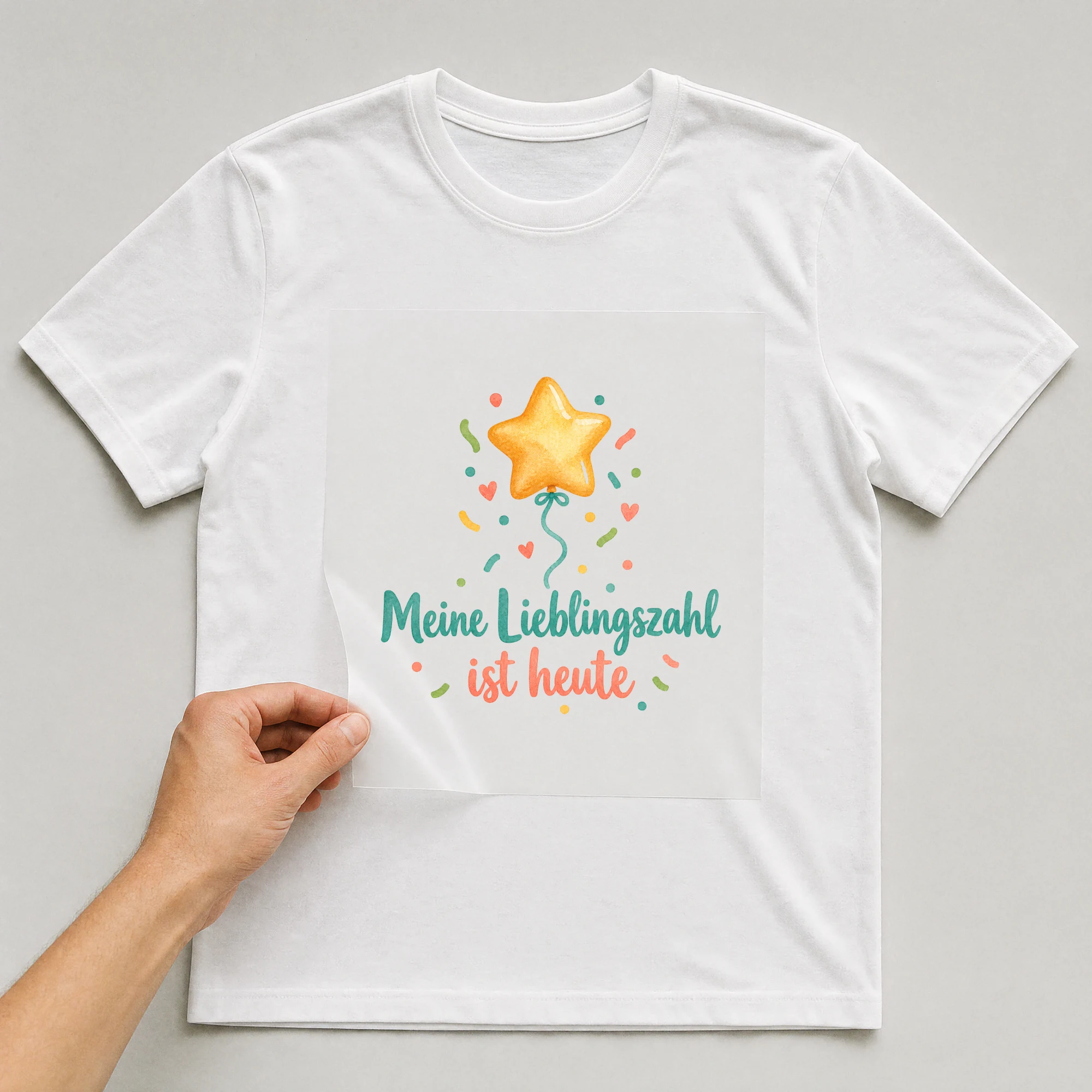 Bügelbild „Meine Lieblingszahl ist heute“ auf weißem T-Shirt, Folie wird aufgelegt