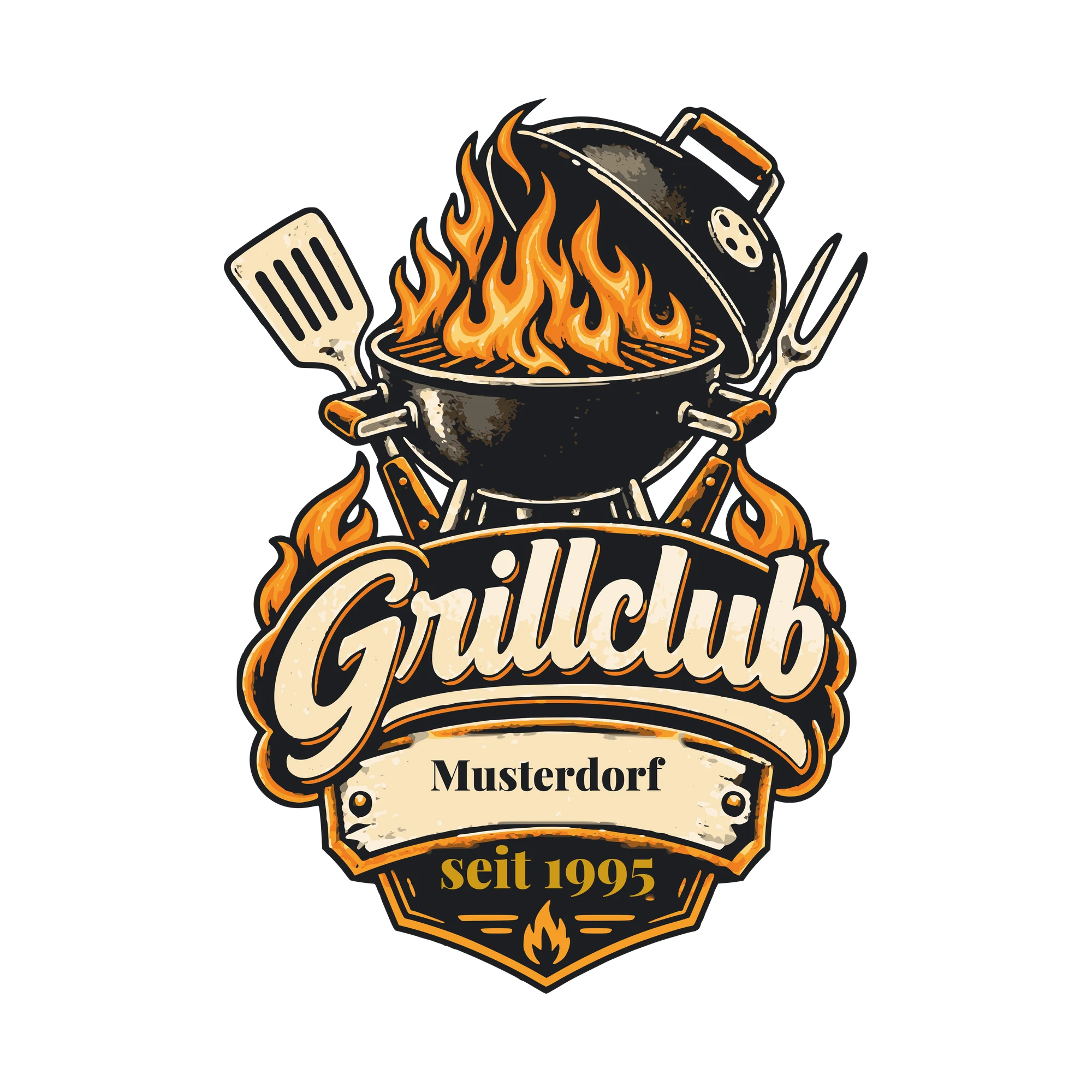 Bügelbild Grillclub mit Ort und Jahr als Grafik auf weißem Hintergrund (BB011121)