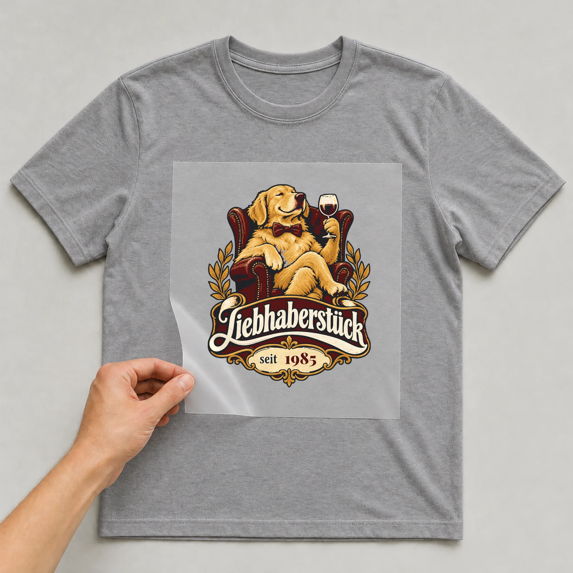 Bügelbild Liebhaberstück mit Jahr auf grauem T-Shirt, Folie wird aufgelegt