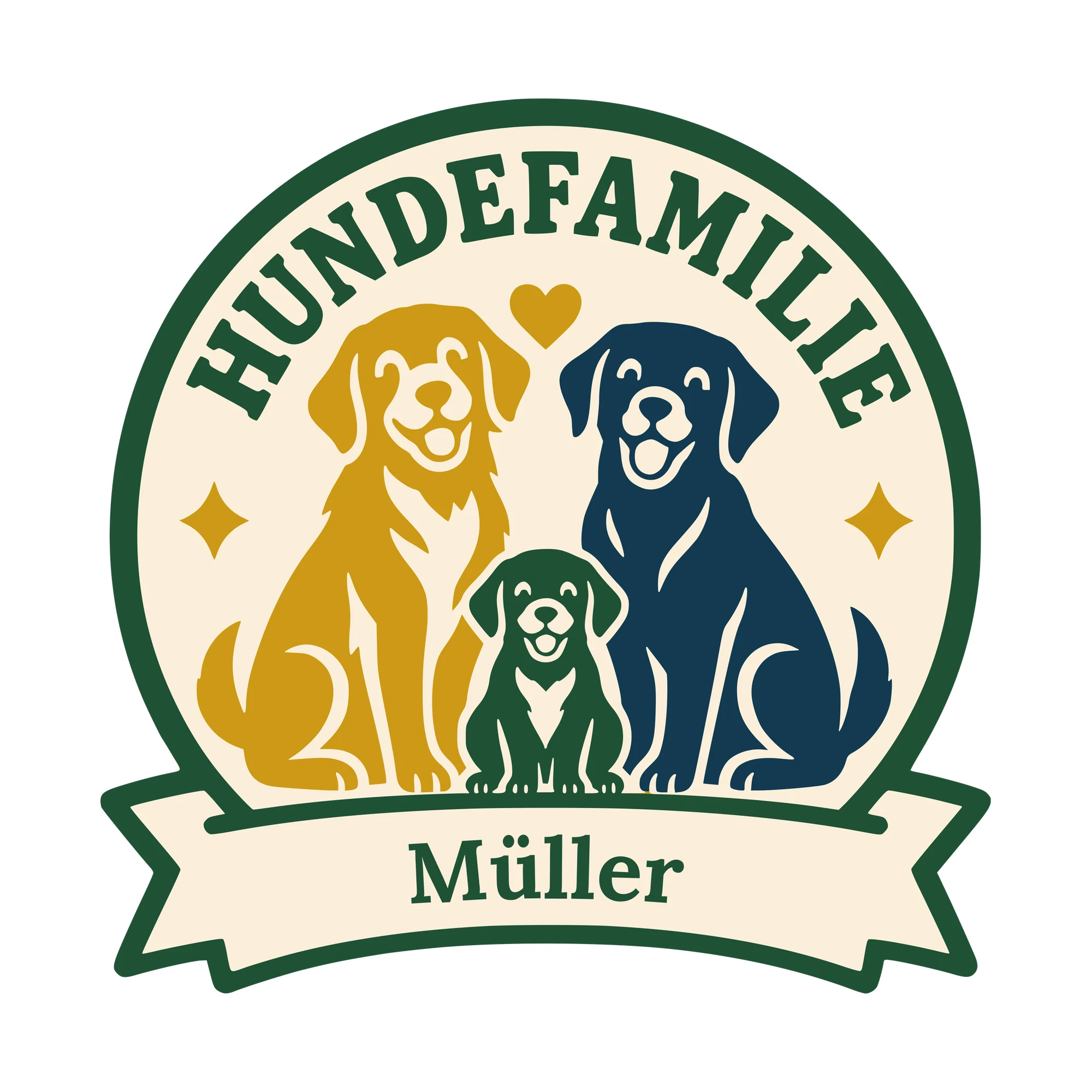 Bügelbild Hundefamilie mit Nachname als Grafik auf weißem Hintergrund (BB010602)