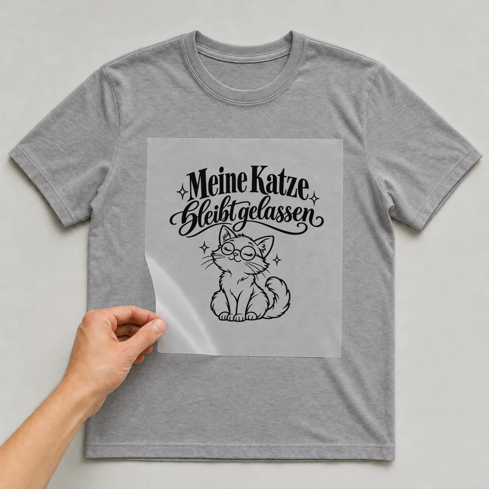 Bügelbild „Meine Katze bleibt gelassen“ auf grauem T-Shirt, Folie wird aufgelegt