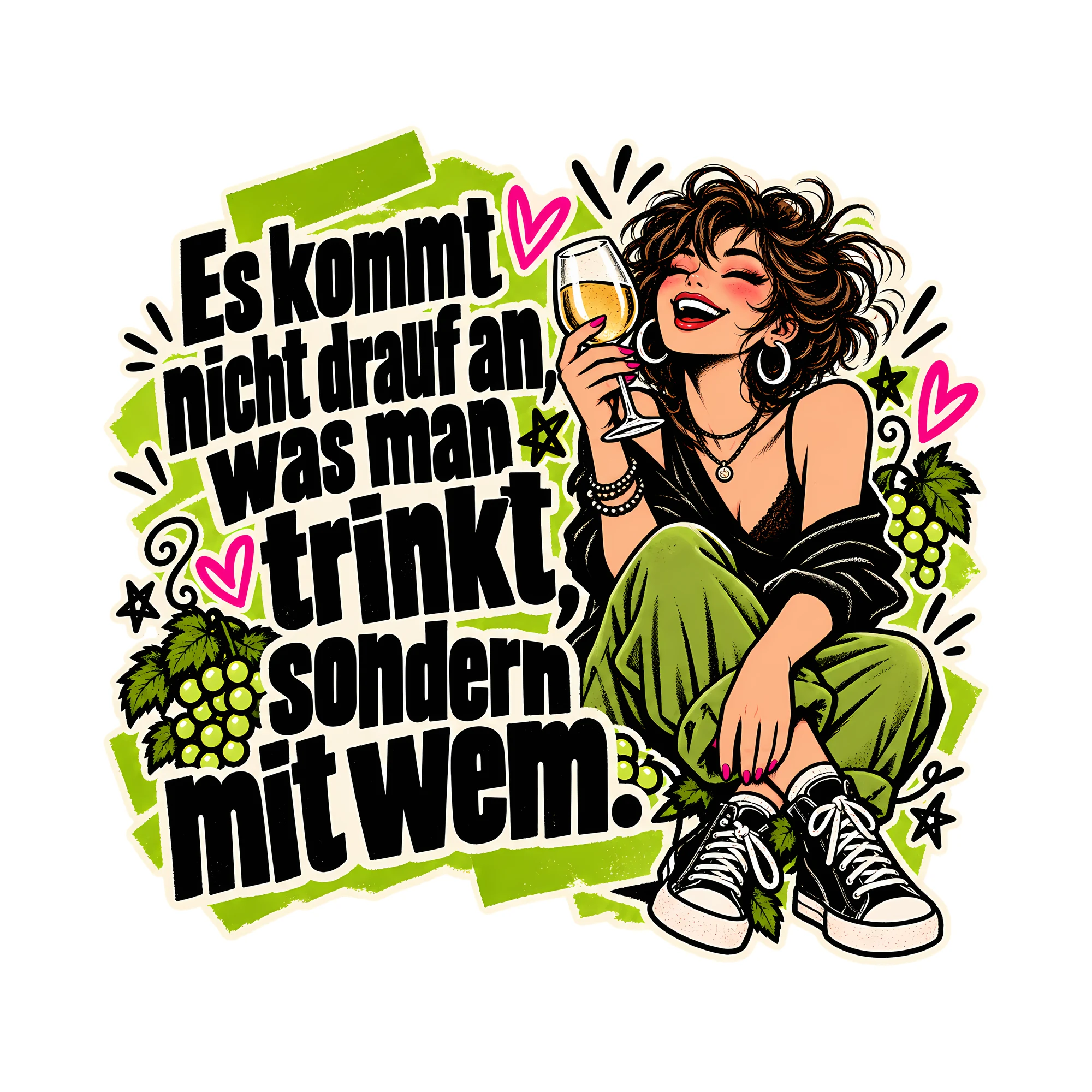 Bügelbild Es kommt nicht drauf an, was man trinkt, sondern mit wem., Party Shirt Spruch als Grafik auf weißem Hintergrund (BB014631)
