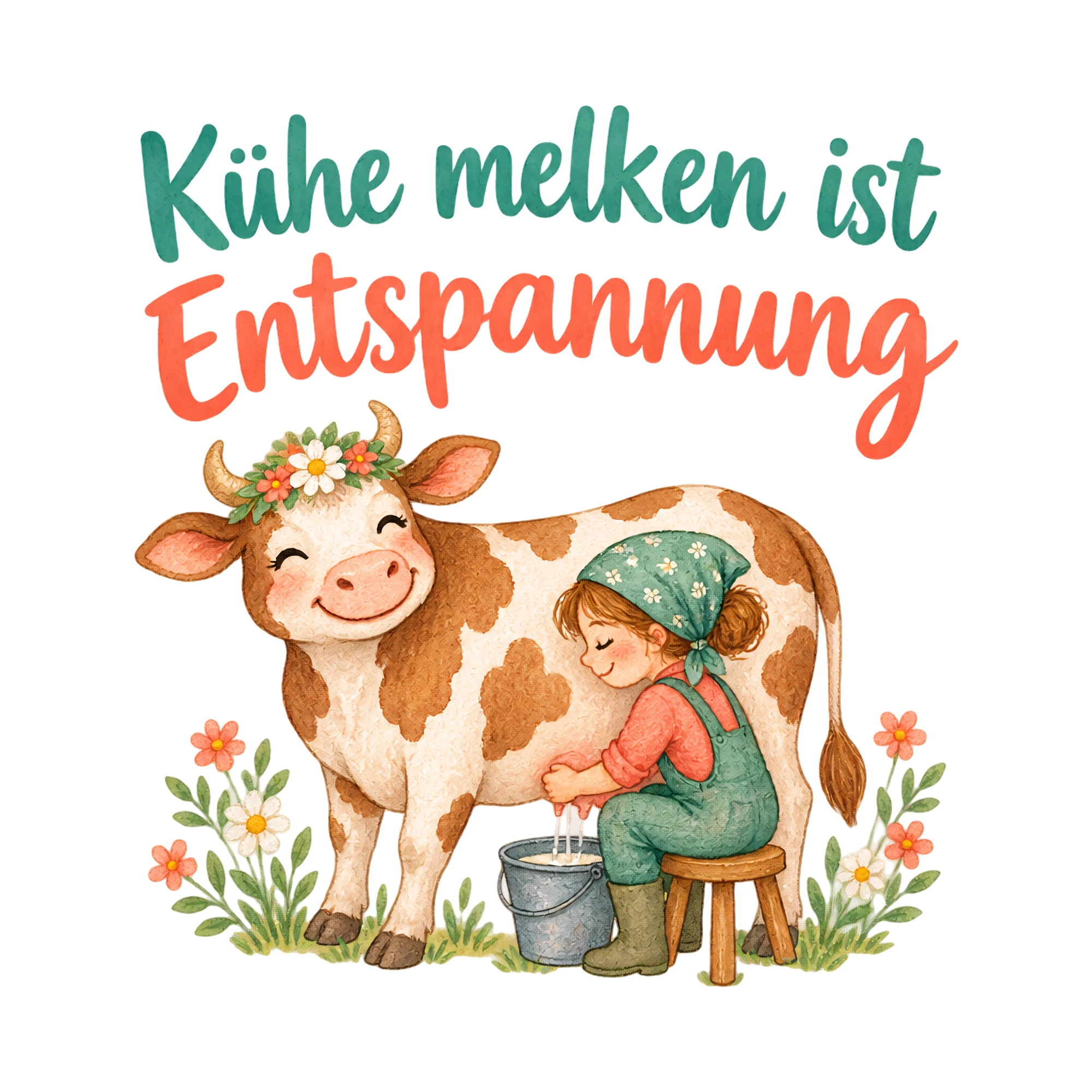 Bügelbild Kühe melken ist Entspannung als Grafik auf weißem Hintergrund (BB020313)