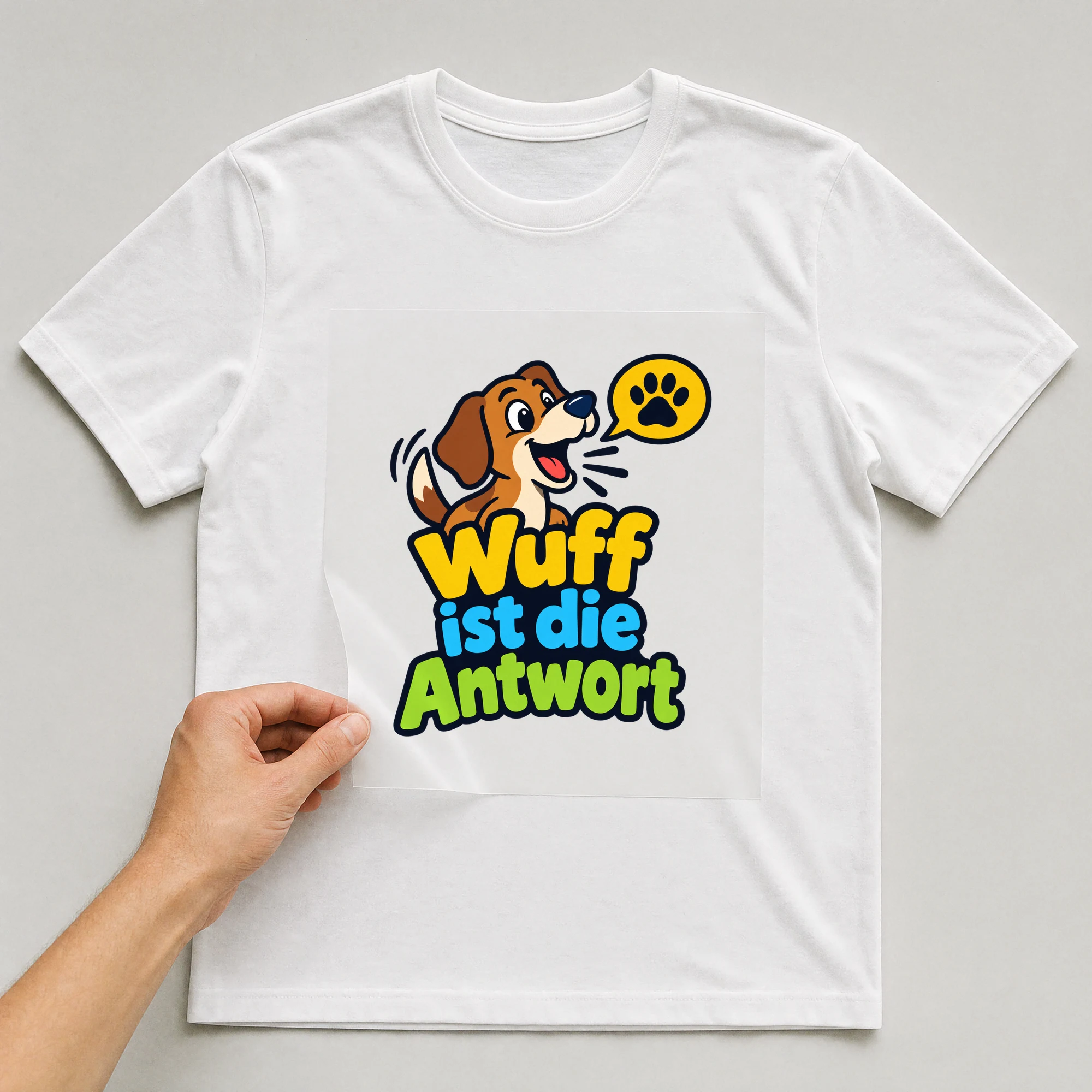 Bügelbild „Wuff ist die Antwort“ auf weißem T-Shirt, Folie wird aufgelegt