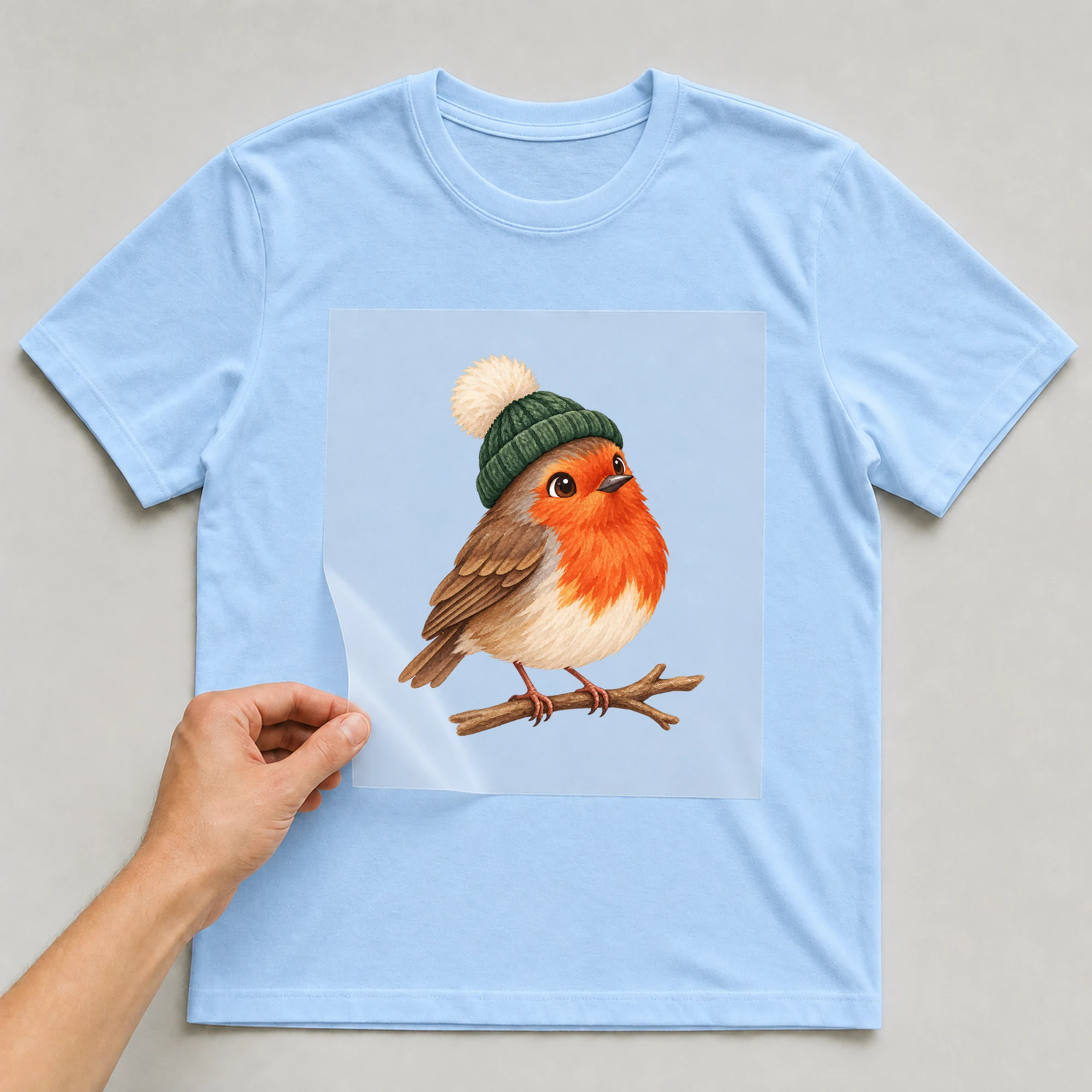 Bügelbild „Weihnachten Vogel“ auf babyblauem T-Shirt, Folie wird aufgelegt
