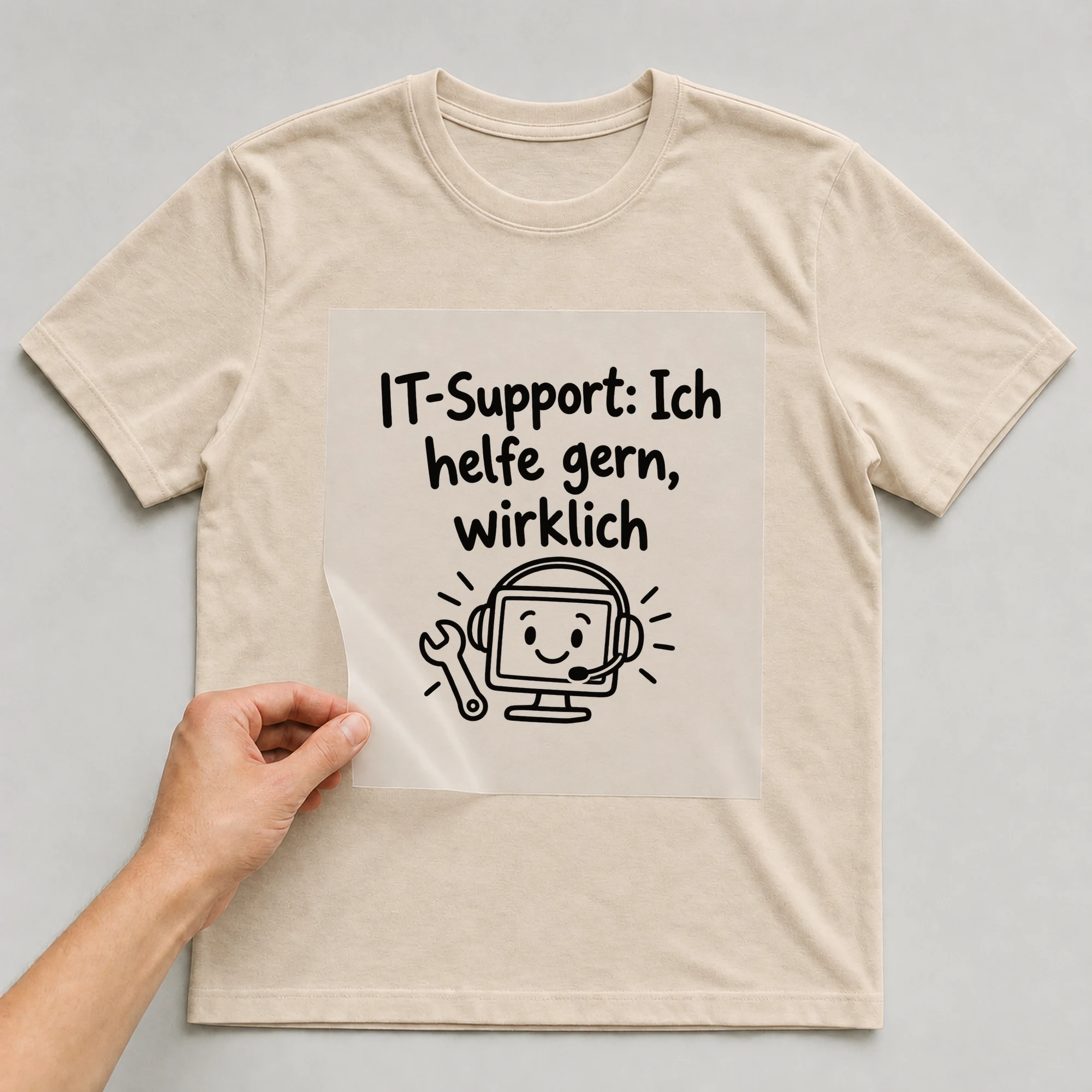 Bügelbild „IT-Support: Ich helfe gern, wirklich“ auf beigem T-Shirt, Folie wird aufgelegt