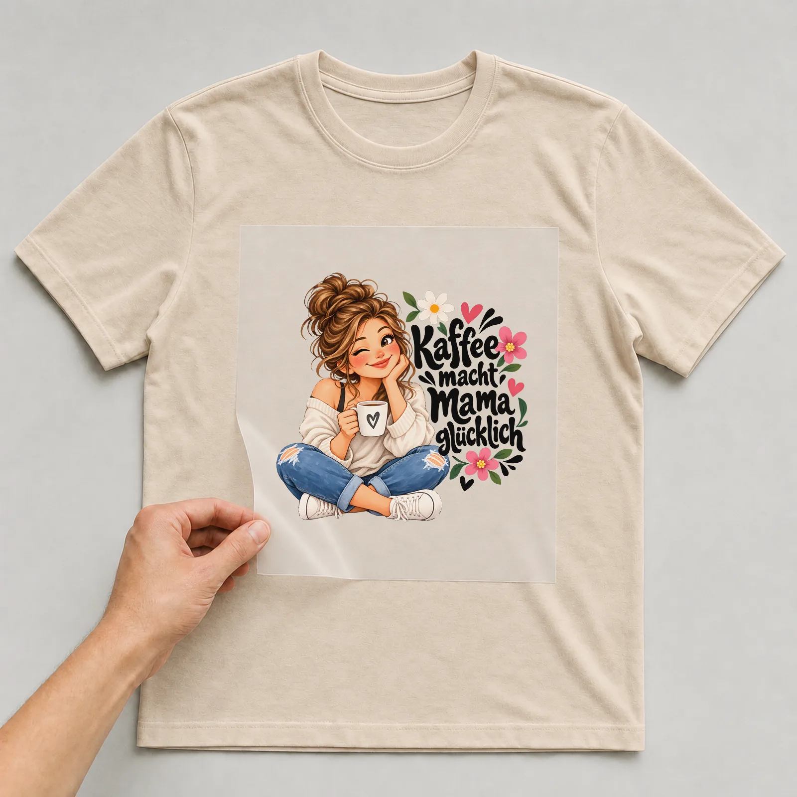 Bügelbild „Kaffee macht Mama glücklich“ auf beigem T-Shirt, Folie wird aufgelegt