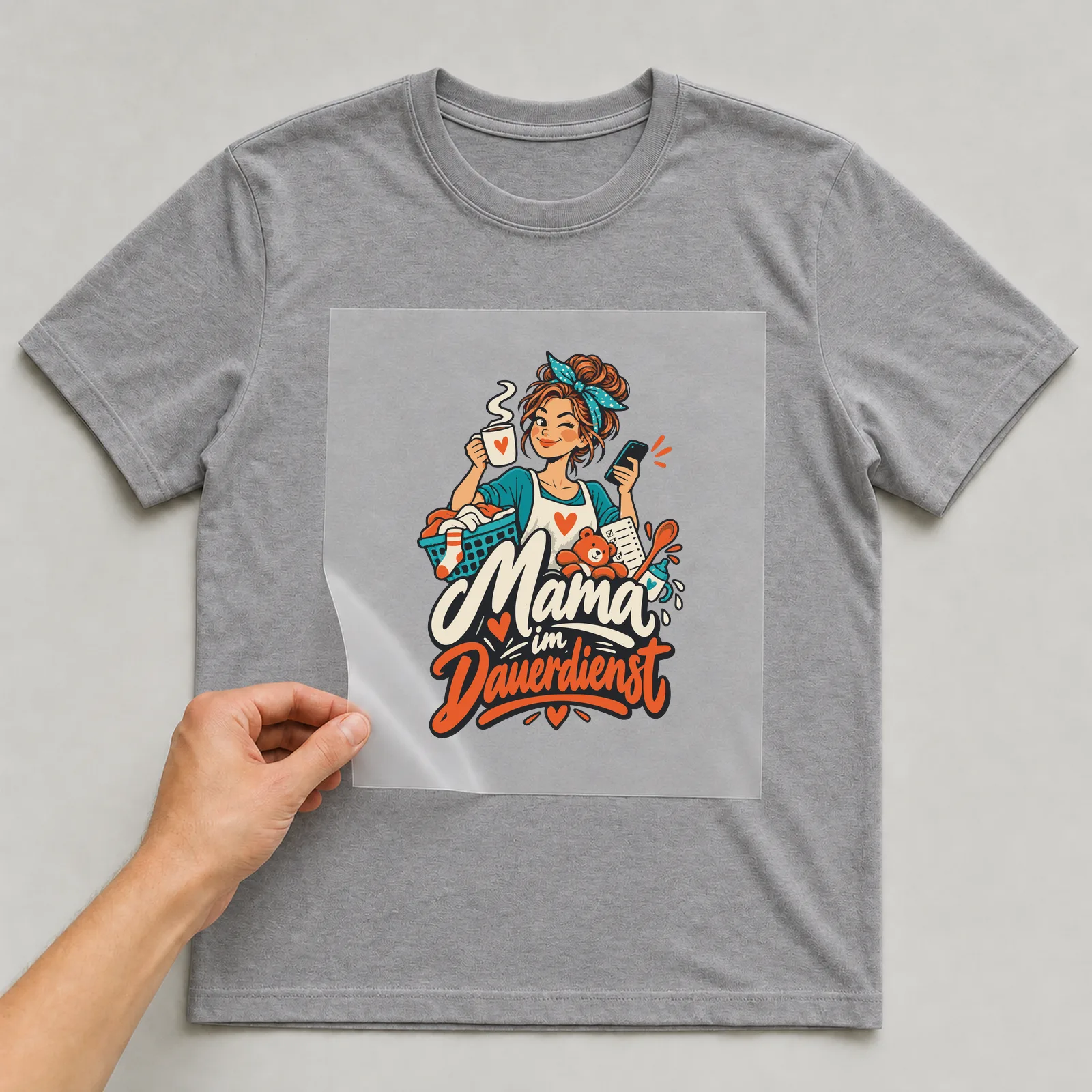 Bügelbild Mama im Dauerdienst auf grauem T-Shirt, Folie wird aufgelegt