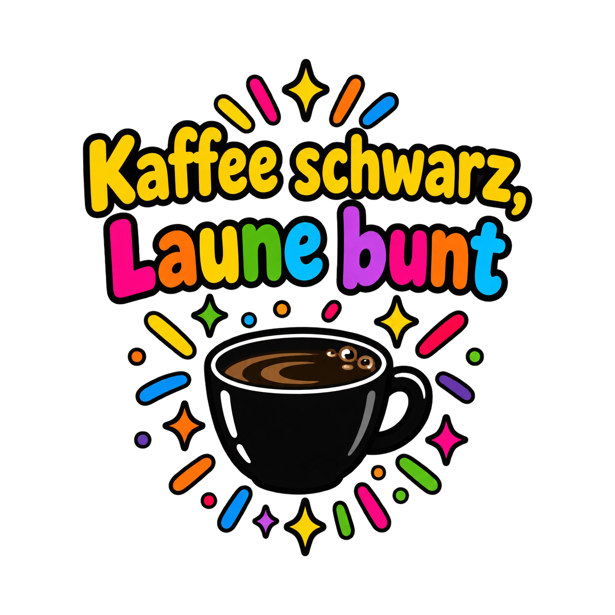 Bügelbild Kaffee schwarz, Laune bunt als Grafik auf weißem Hintergrund (BB019498)