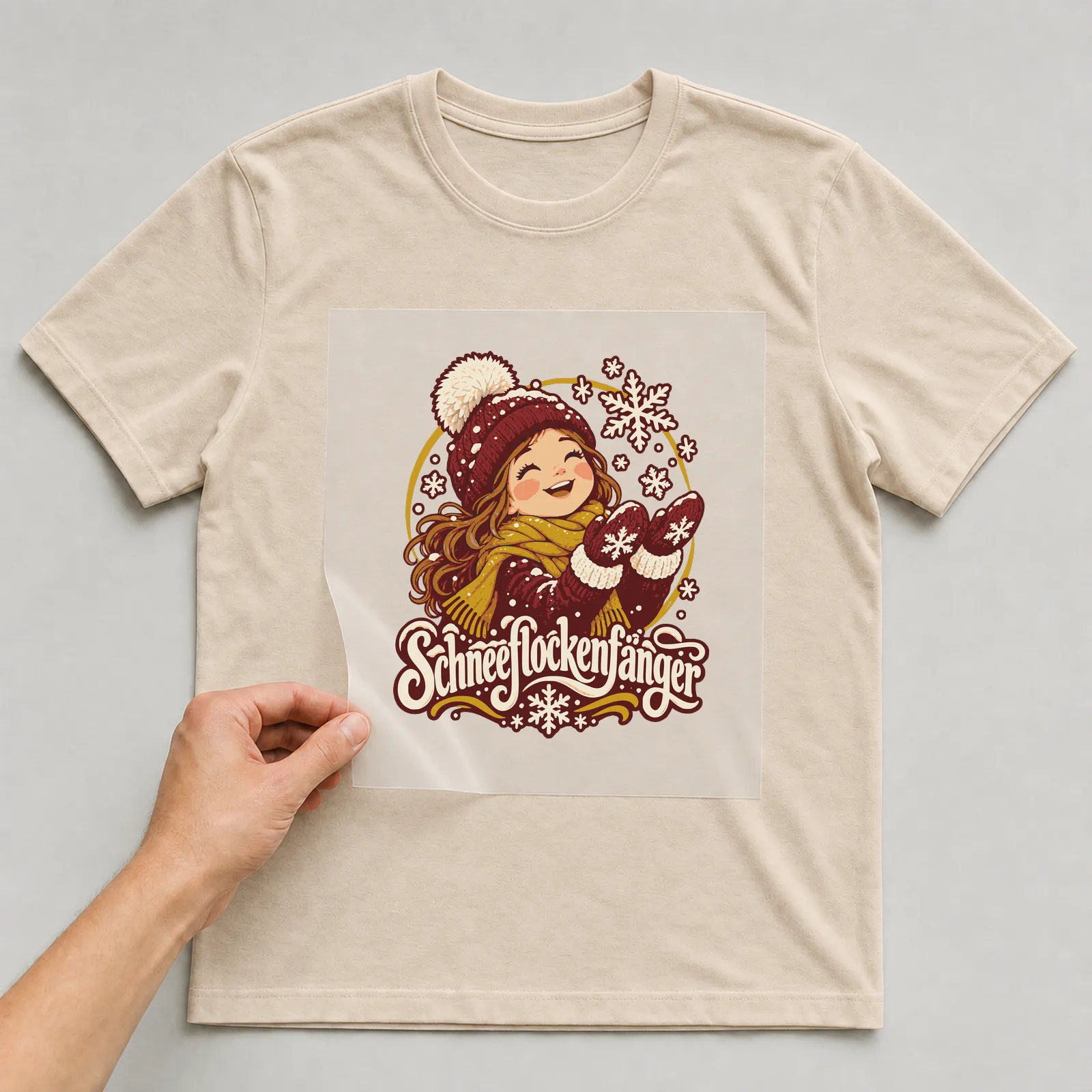 Bügelbild Schneeflockenfänger auf beigem T-Shirt, Folie wird aufgelegt
