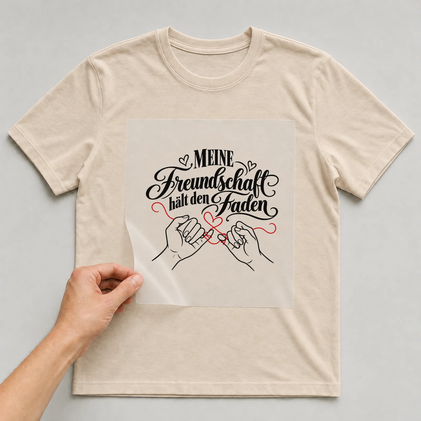 Bügelbild „Meine Freundschaft hält den Faden“ auf beigem T-Shirt, Folie wird aufgelegt