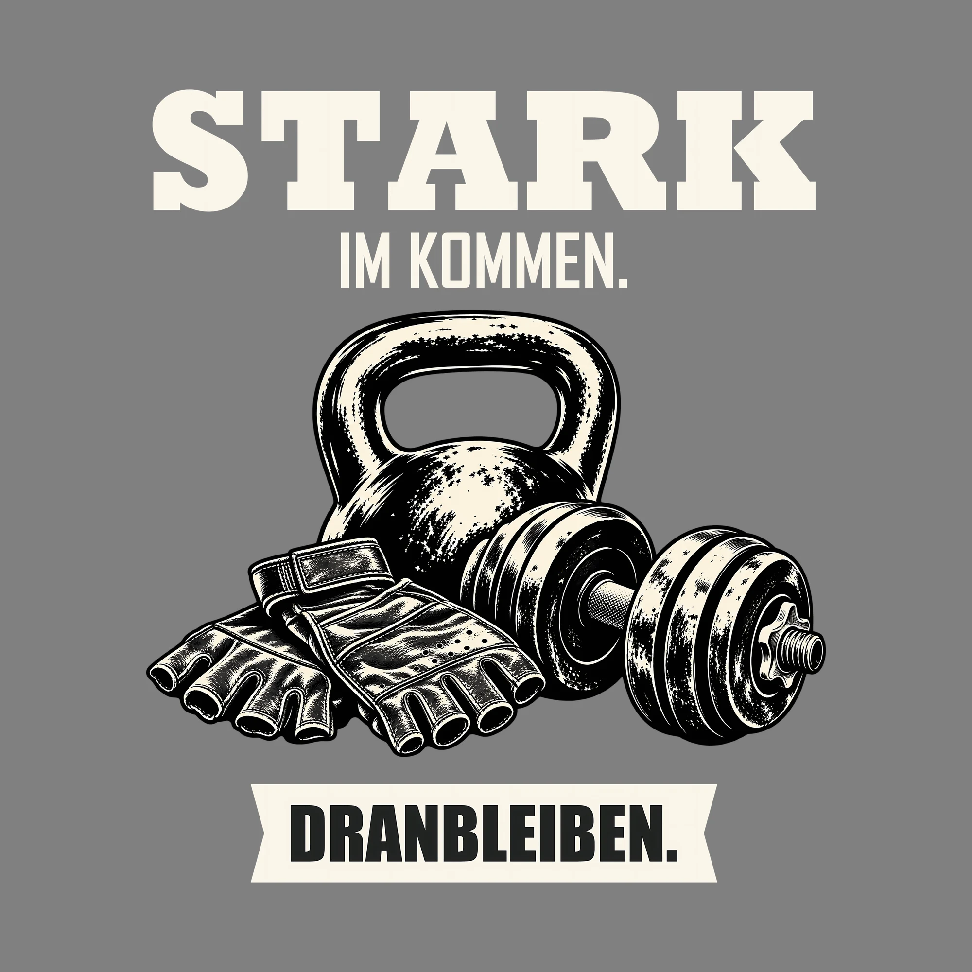 Bügelbild STARK IM KOMMEN. DRANBLEIBEN. als Grafik auf dunklem Hintergrund (BB013726)