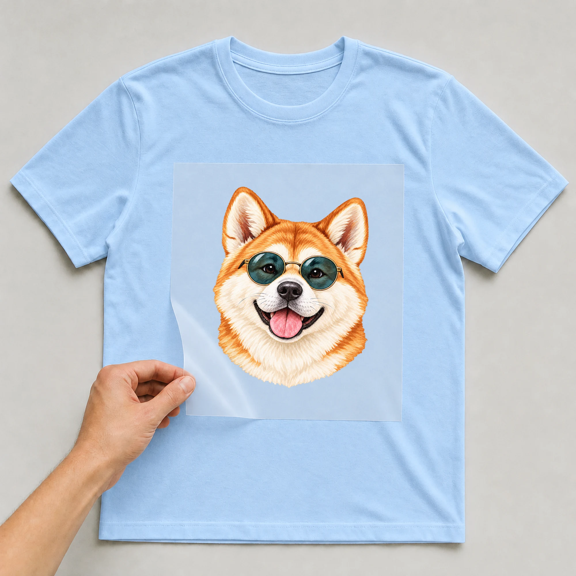 Bügelbild „Akitas Hippie Look“ auf babyblauem T-Shirt, Folie wird aufgelegt