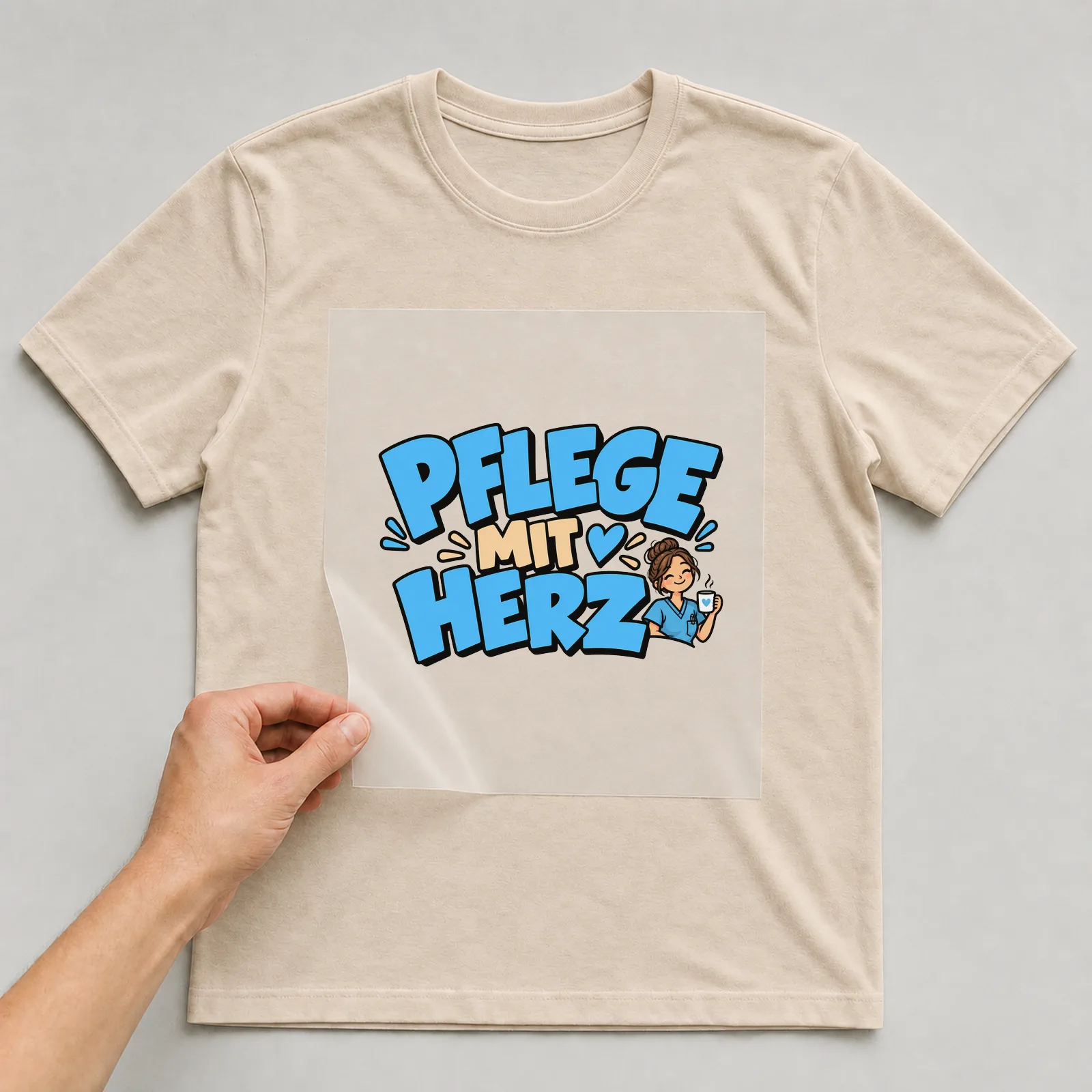 Bügelbild „Pflege mit Herz“ (verspielter Blockschrift) auf beigem T-Shirt, Folie wird aufgelegt