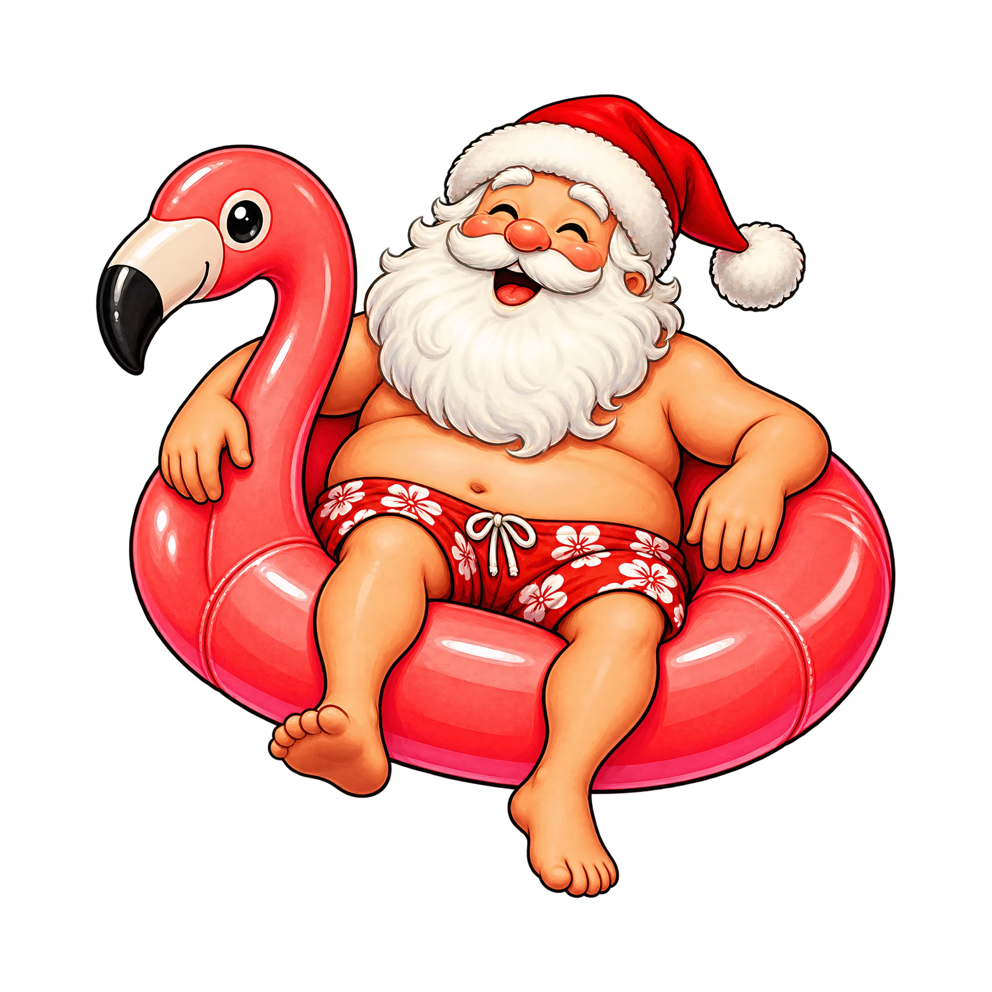 Bügelbild Weihnachtsmann im Flamingo-Schwimmring, Weihnachten Shirt Motiv als Grafik auf weißem Hintergrund (BB014798)