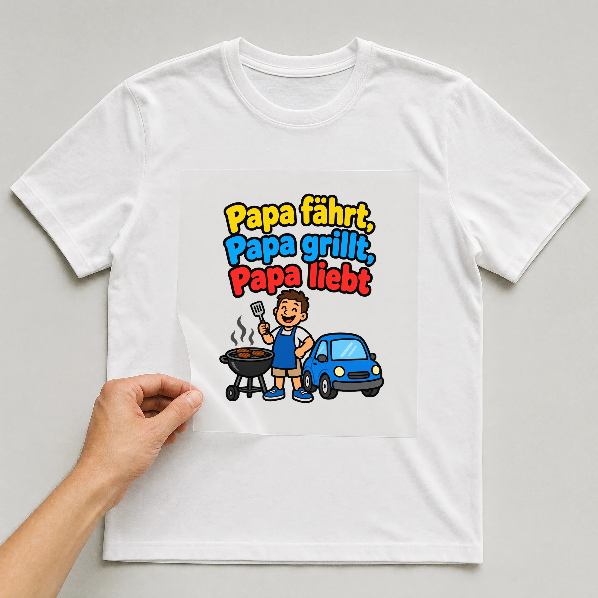 Bügelbild „Papa fährt, Papa grillt, Papa liebt“ auf weißem T-Shirt, Folie wird aufgelegt