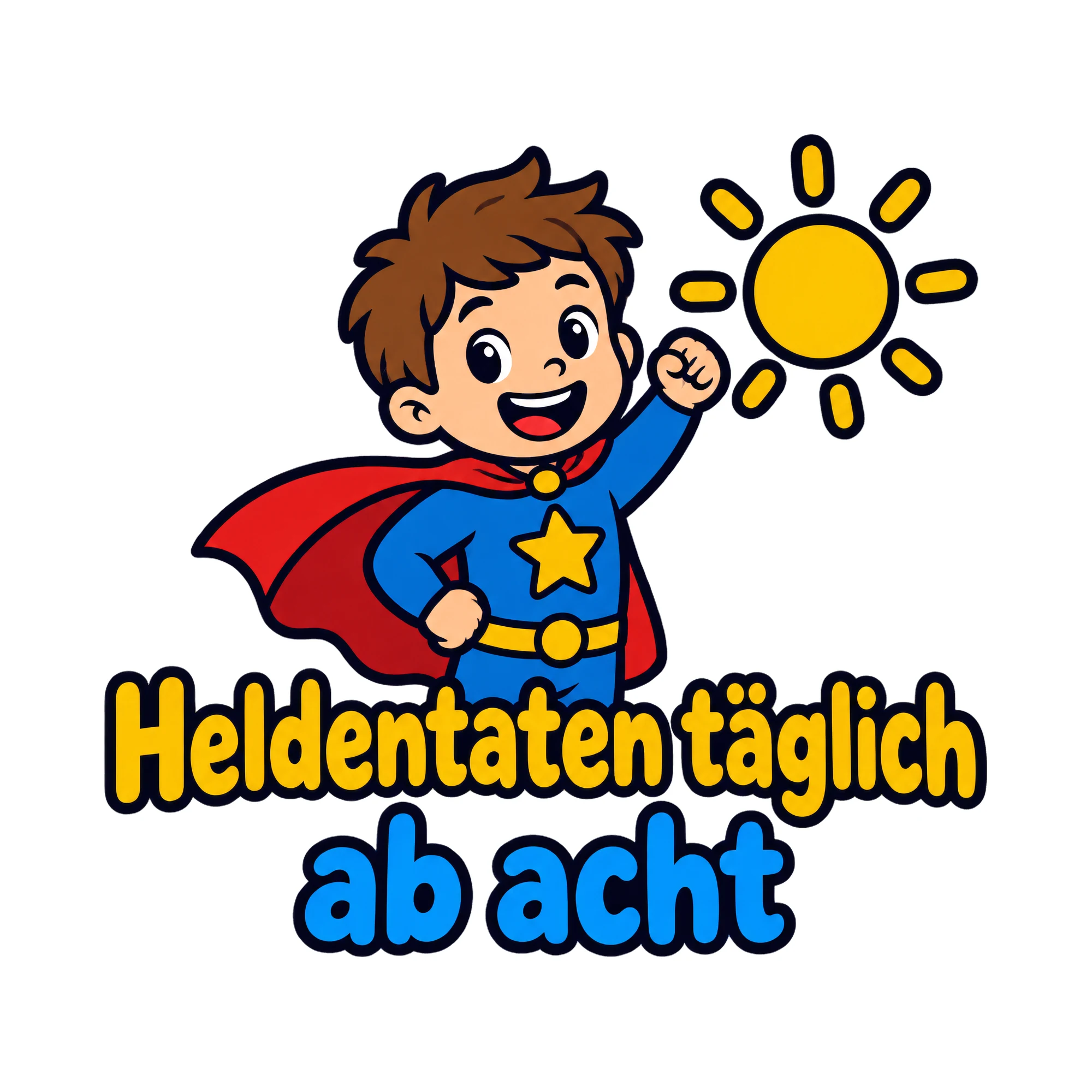 Bügelbild Heldentaten täglich ab acht als Grafik auf weißem Hintergrund (BB019974)